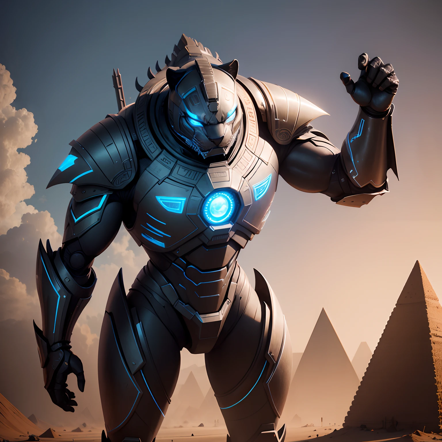 Robot panther warrior in realistic 4K full body armor,Pyramids,Super Detailed, Vray Display, Unrealistic engine, Midjourney Art Style.