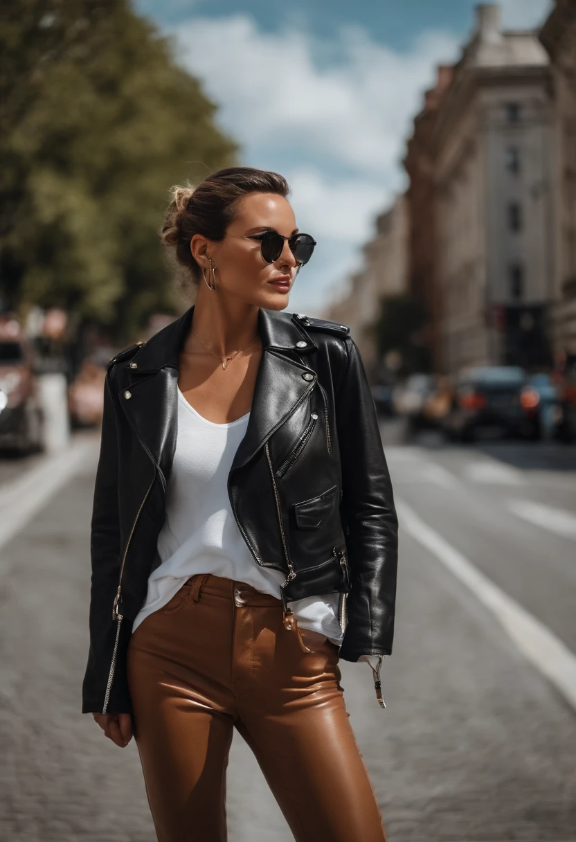 (Masterpiece:1.2, Best quality), 1dame, seulement, Haut du corps, Gros seins, Chic and avant-garde leather jacket paired with a classic white t-shirt and aged jeans Confident and effortless with minimal makeup and a messy bun (Music festival or a trendy downtown neighborhood) Declaration sunglasses and big jewelry, with a shoulder bag for convenience
