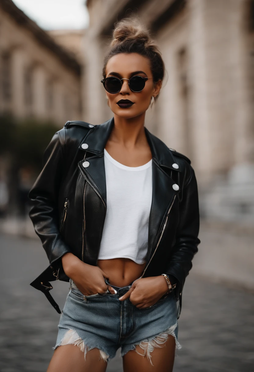 (Masterpiece:1.2, Best quality), 1dame, seulement, Haut du corps, Gros seins, Chic and avant-garde leather jacket paired with a classic white t-shirt and aged jeans Confident and effortless with minimal makeup and a messy bun (Music festival or a trendy downtown neighborhood) Declaration sunglasses and big jewelry, with a shoulder bag for convenience