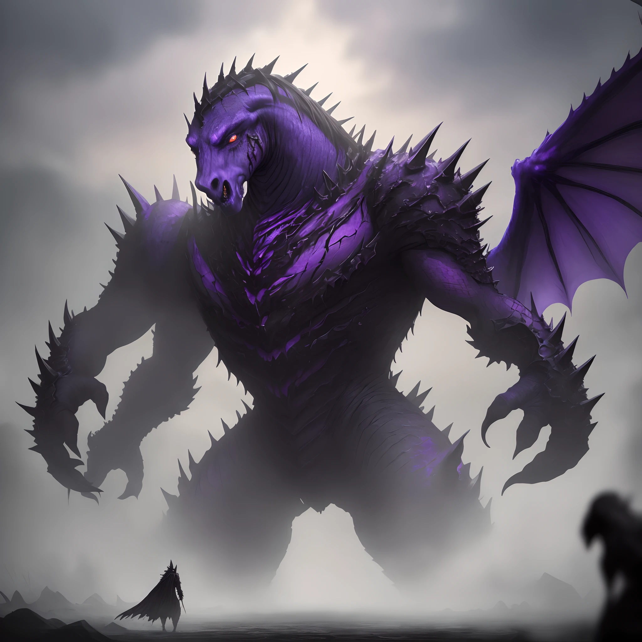 A full-length monster stands in front of your eyes, with purple scales, which reflects his malevolence and horror. On its mighty neck is the head of a horse with flaming, withering eyes, that grows from the inside out of another head, Stained with a gloomy purple veil. The sight seems unnatural and unimaginable. The limbs of this monster consist of only two legs, possessing incredible strength and mobility. Behind him, wings were twisted and spiky, that resemble sharp blades. But the maximum horror is caused by his many hands, reaching out to every victim. These hands have iron fingers in the form of huge tentacles, who are ready to capture and destroy even the most desperate rivals. His whole exterior breathes an atmosphere of horror and evil, making the souls of those people freeze, Who dares to look at it. This monster is the embodiment of the nightmare of the darkest dreams and a true testimony to the undivided power of darkness.