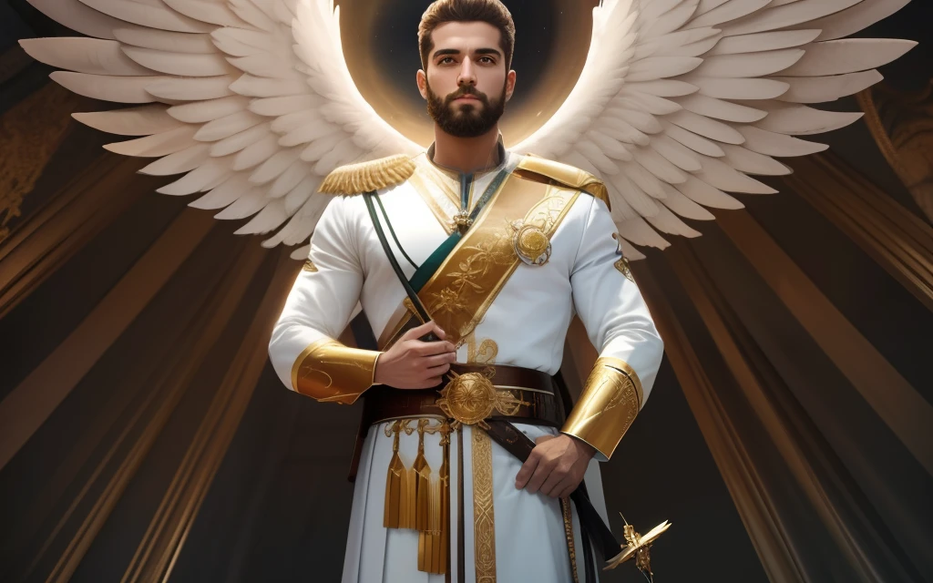 anjo masculino de deus, anjo masculino, The angel of God's army, Golden Army, Rosto detalhado, army, face sem defeito, Normal face, barba grande, barba judeu, tempestade, Towards the Heavens, celestial, divino, fotorrealista, renderizado, 4k, 8k, texturas detalhadas, sombras detalhadas, decente, cores detalhadas, anjo masculino de deus, Contraste realista, Texturas fotorrealistas, cores detalhadas, cores realistas, sombras detalhadas, olhos naturais,  olho detalhado, olho normal, olhos normais, belos olhos,