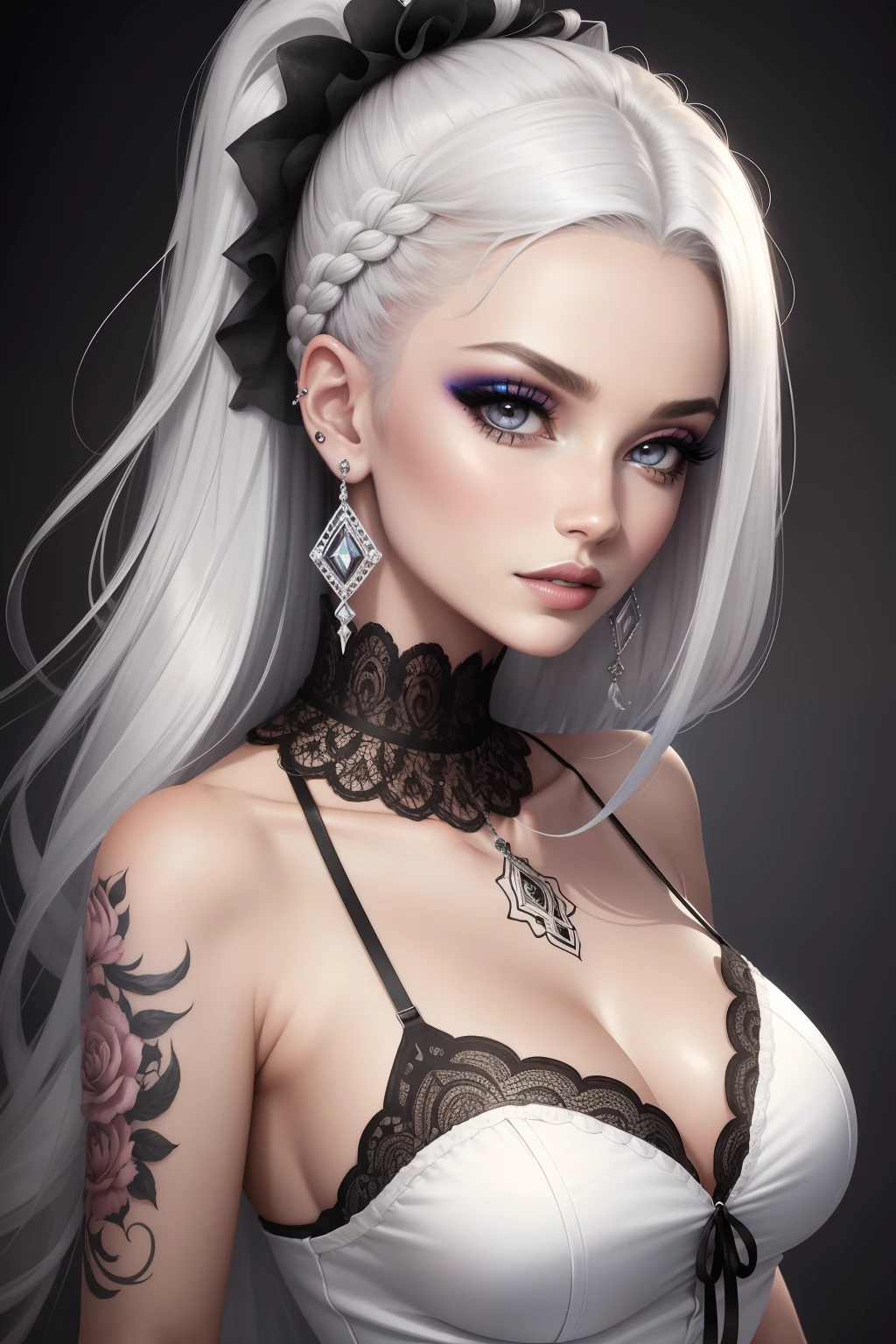 DigiArt Style, 1fille, seulement, Regarder le spectateur, Cheveux courts, sinple background, fond blanc, joaillerie, monochrome, niveaux de gris, earrings, lips parted, minora, petals, Cils, tatouage, Makeup, filigrane, piercing, ear piercing, portrait, digital art