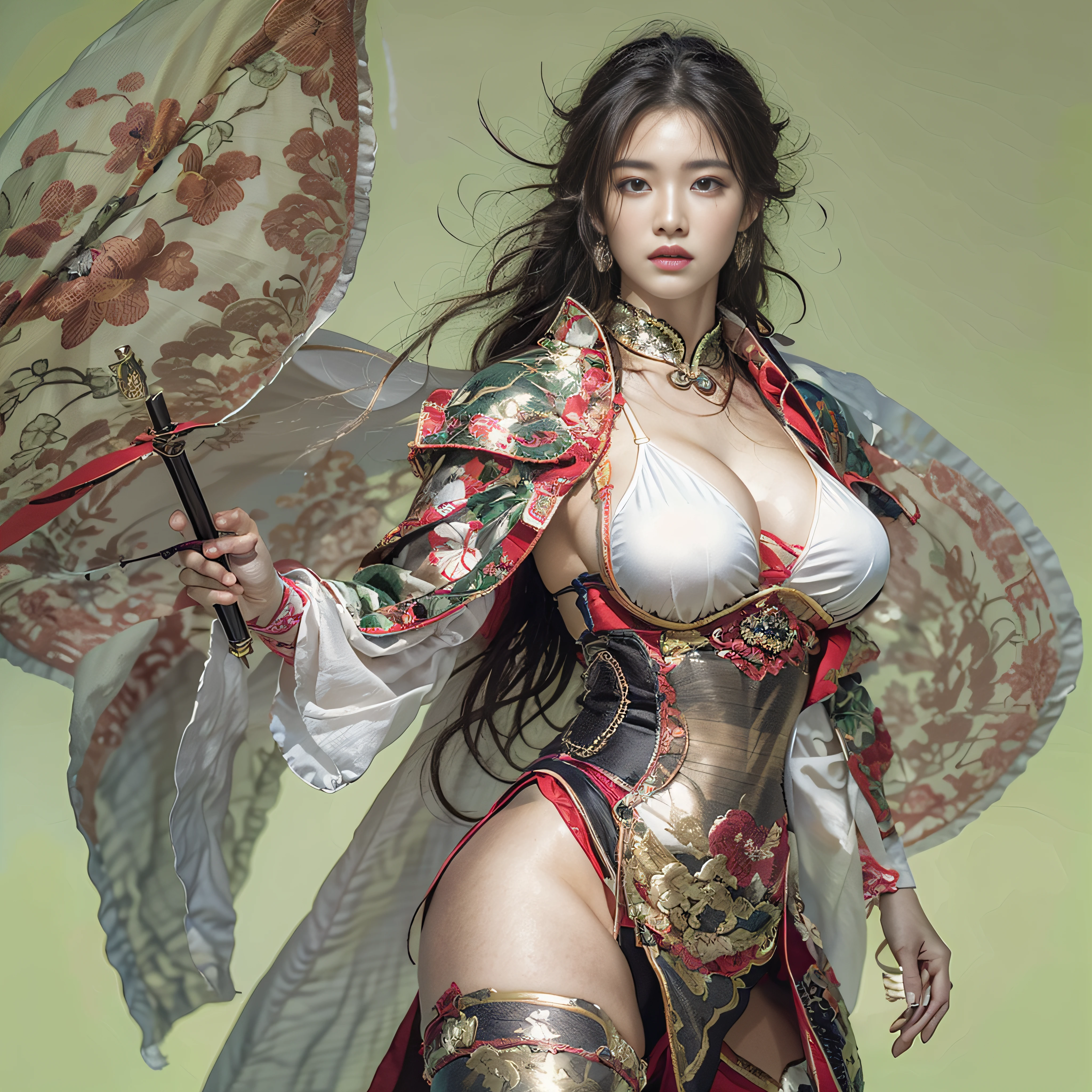 photorealistic portrait, high-res, Soft light,1woman, bara, The picture sees the thighs..., full entire body, Slender Figure, Beautiful hips, gleaming skin, Overflowing big breasts, Reveal the breasts........, (higly detailed face), Beautiful Chinese Armor