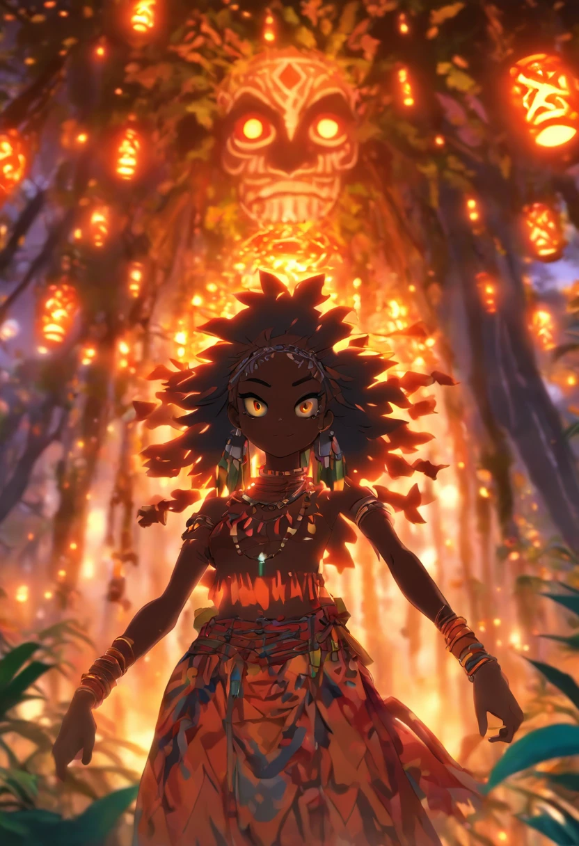 (((young girl))) best quality, ultra-high resolution, 4K detailed CG, master piece,Girl,trees,African ritual,African clothing, Voodoo Mythology, ((voodoo ritual)), African image, aesthetic, centered screen, full body