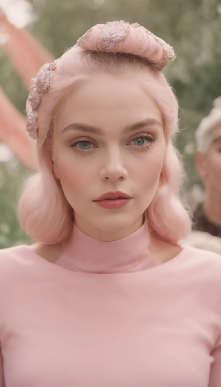 8k portrait of Leonardo Di Caprio in a 1960s science fiction film by Wes Anderson, Vogue anos 1960, pink pastel colors, amarelo, azul, verde, There are people wearing weird futuristic chameleon masks and wearing extravagant retro fashion outfits and men and women wearing alien makeup and old ornaments with mechanical pets in town, Luz Natural, Psicodelia, futurista estranho, fotorrealista, hiper detalhado, foco nítido, Intrinsic, Fuji filmes 55mm,