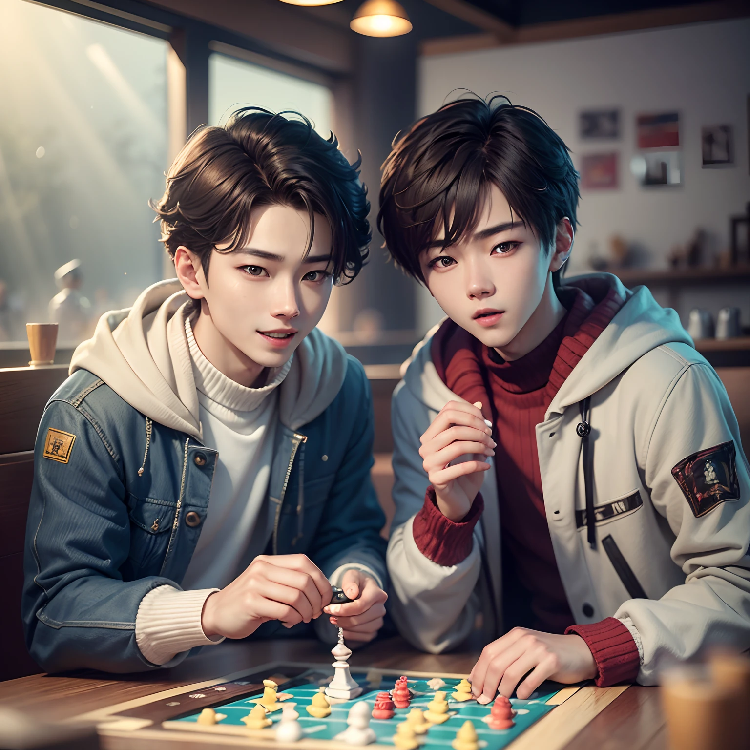 Luhan and sehun from exo playing a board game in a cafe , winter outfits, happy and energetic, afternoon , Sunrays , high quality , high detail , 4k details , high quality shadows ,