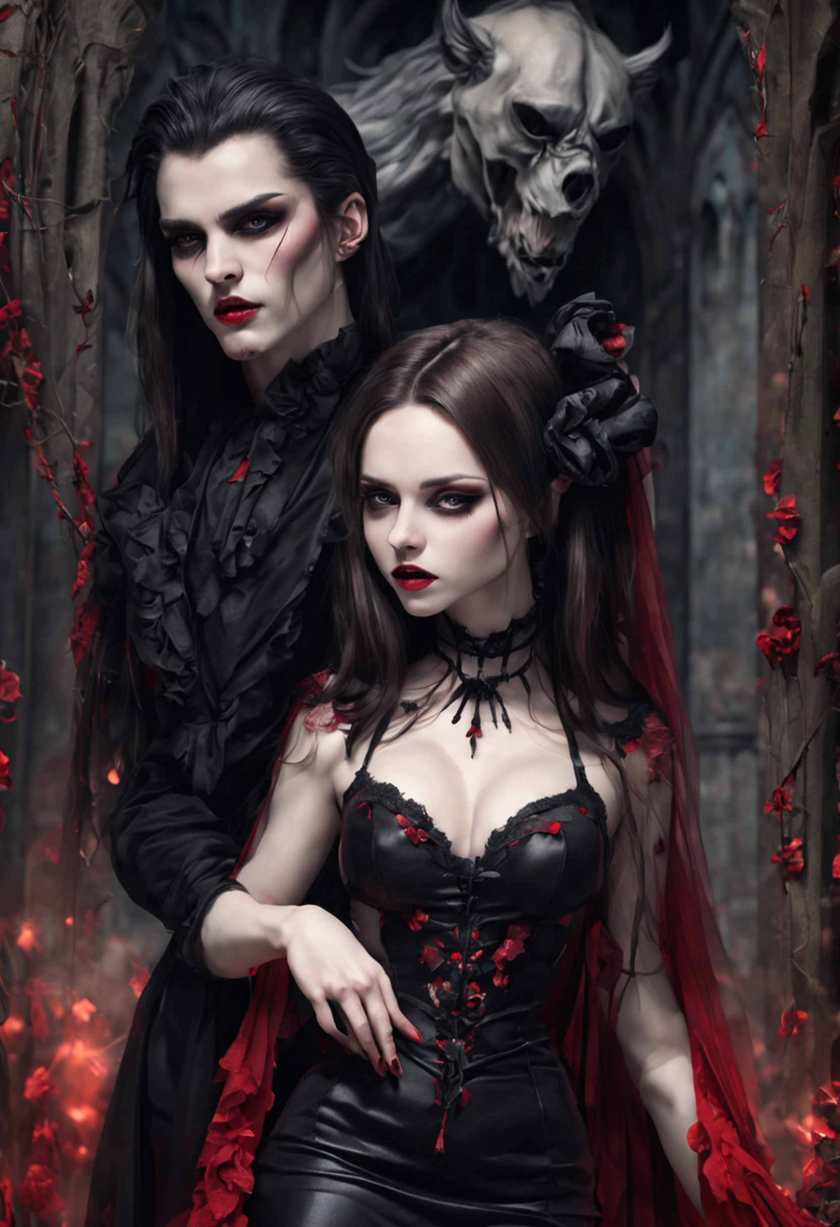 1 Vampiros, (female:0.8), presas venenosas, sangue, Bites on the neck, pale skin, olhos intensos, seductiveexpression, (gotejamento de sangue:1.2), (erotic atmosphere:1.3), Cabelos escuros, long flowing hair, (Vestido de renda preto:1.2), (ombros cortados:0.9), (espartilho vermelho:1.1), (roupas rasgadas:0.8), (pose sedutora:1.2), (Gemendo:1.4), (luar:1.3), (gothic ambient:1.2), (fundo assombroso:1.1), (Levantar uma perna:1.2), (bright lips:0.9), (Sussurre docemente:1.2), (sensual lighting:1.3), (unhas compridas:1.1), (atmosfera pesada:1.2), (Um toque persistente:1.3), (erotic tension:1.4).