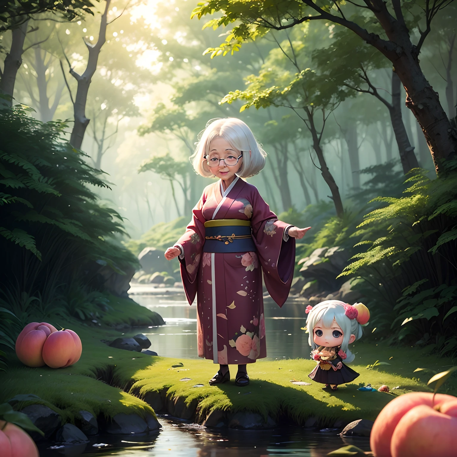 ​masterpiece、top-quality、ultra-detailliert、(Chibi Old Woman:1.2)、80-year-old female solo、dark kimono、Laundry basket、(Fairytale forest river:1.2)、(Big Peach:1.3)
