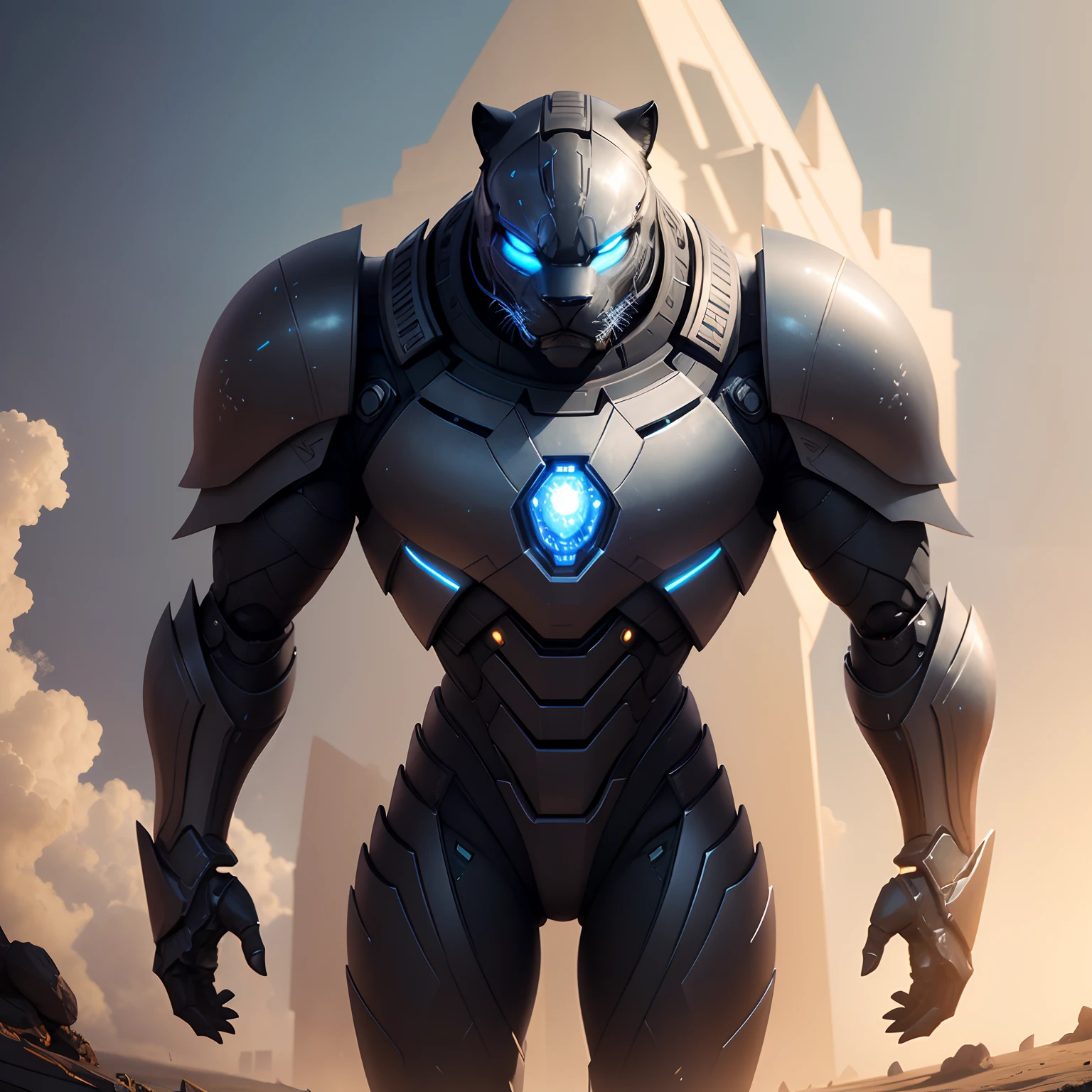 Robot panther warrior in realistic 4K full body armor,Pyramids,Super Detailed, Vray Display, Unrealistic engine, Midjourney Art Style.