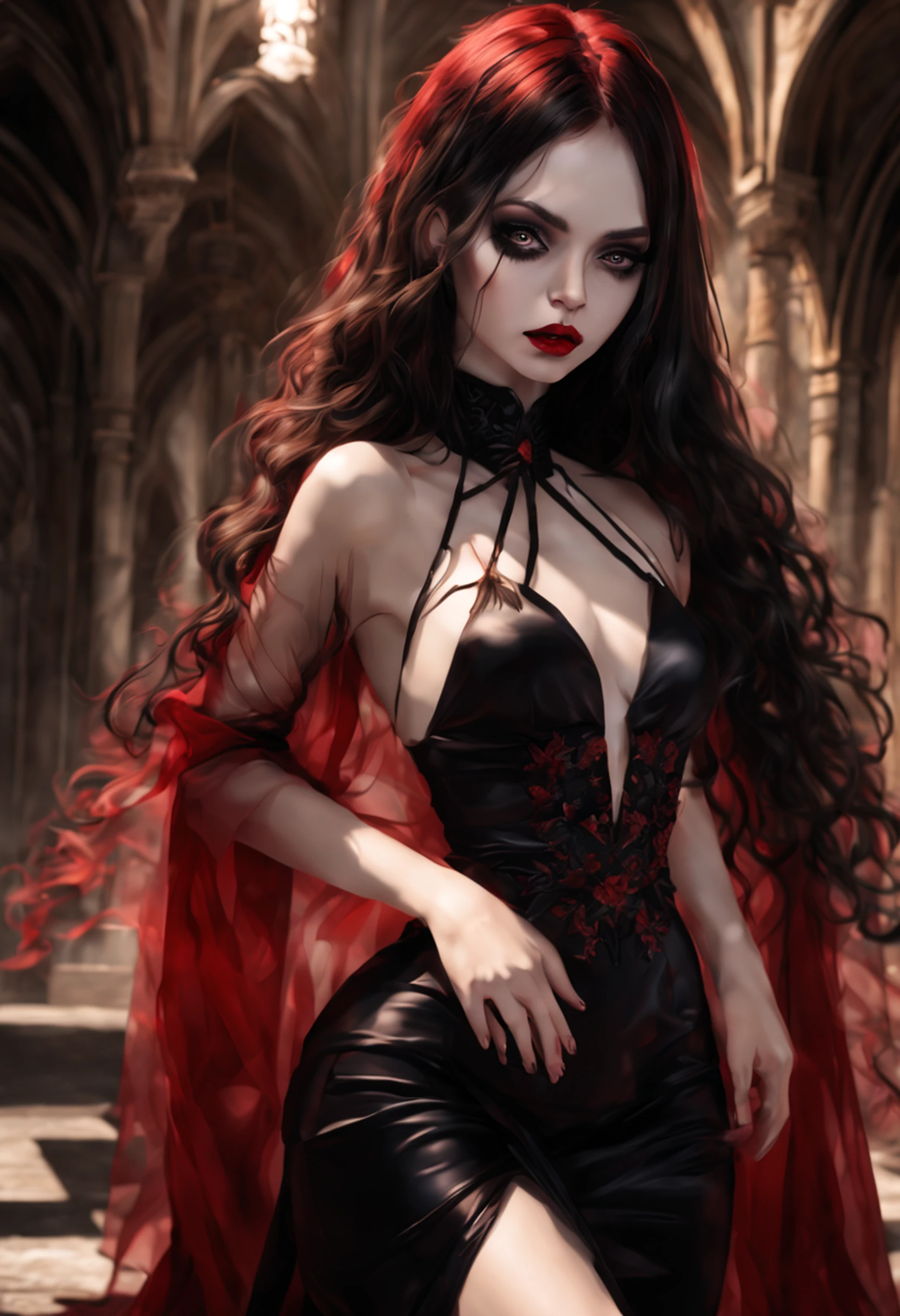 1 Vampiros, (female:0.8), presas venenosas, sangue, Bites on the neck, pale skin, olhos intensos, seductiveexpression, (gotejamento de sangue:1.2), (erotic atmosphere:1.3), Cabelos escuros, long flowing hair, (Vestido de renda preto:1.2), (ombros cortados:0.9), (espartilho vermelho:1.1), (roupas rasgadas:0.8), (pose sedutora:1.2), (Gemendo:1.4), (luar:1.3), (gothic ambient:1.2), (fundo assombroso:1.1), (Levantar uma perna:1.2), (bright lips:0.9), (Sussurre docemente:1.2), (sensual lighting:1.3), (unhas compridas:1.1), (atmosfera pesada:1.2), (Um toque persistente:1.3), (erotic tension:1.4).