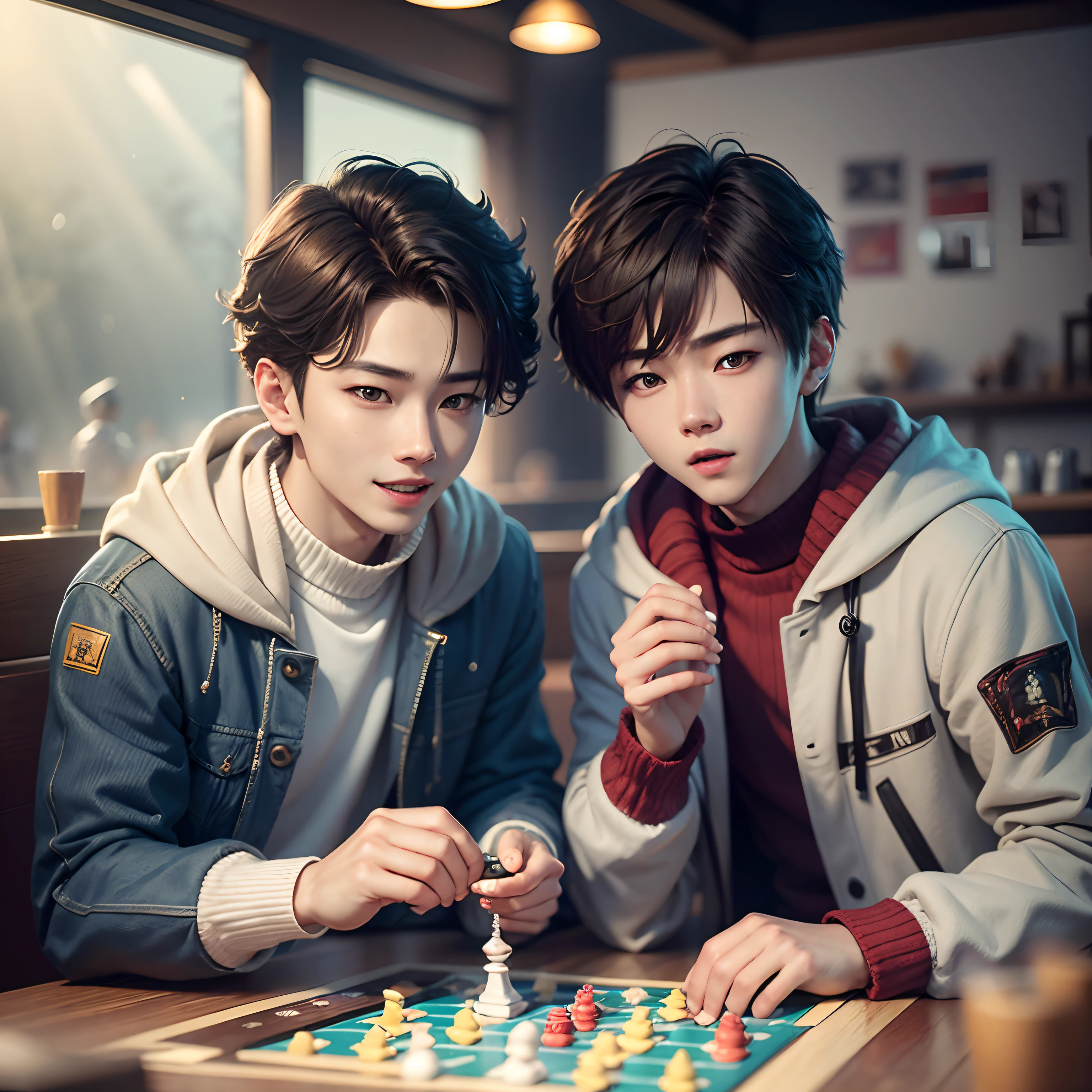 Luhan and sehun from exo playing a board game in a cafe , winter outfits, happy and energetic, afternoon , Sunrays , high quality , high detail , 4k details , high quality shadows ,