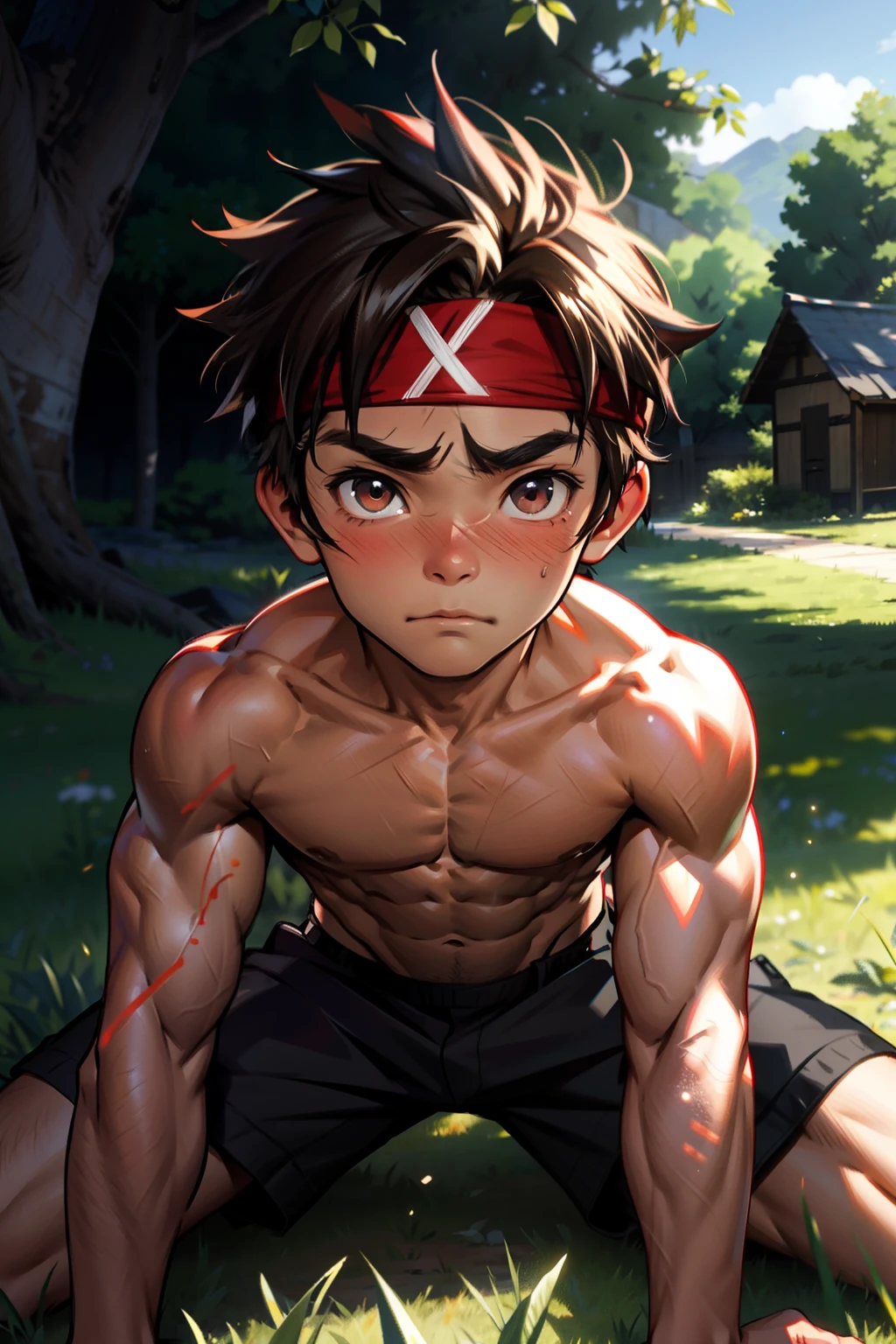 (Masterpiece, Best quality 12 year old boy,Shota), 1boys, (((Young,Shota))),Muscular, Short hair, with brown eye, Intricate, Grass, full bodyesbian, Shirtless, Muscles sparkle in the sun,Naked boy,((toddlers)),Black underwear, Red headband, Vivid colors,(Depth of field:1.2),(Abs),Blush, view the viewer, lying on the grass ground,Being sexually assaulted