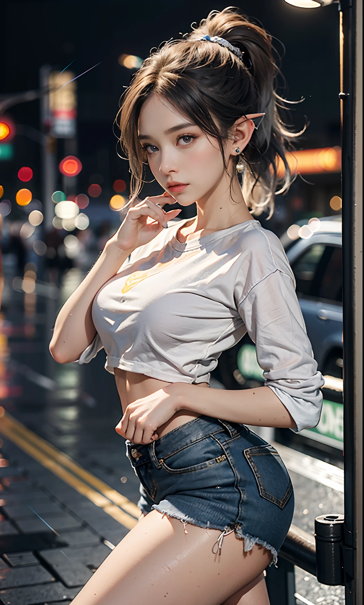 Beautiful woman with wavy hair, delicate and charming eyes, thigh notch, sexy long legs, t-shirt in small shorts, beautiful futuristic cyberpunk + city, mist, damp, rain, best quality masterpiece, realistic, detailed, 8k, HDR, shallow depth of field, wide light, high contrast, backlight, flood, flash, chromatic aberration, sharp focus, RAW color photo