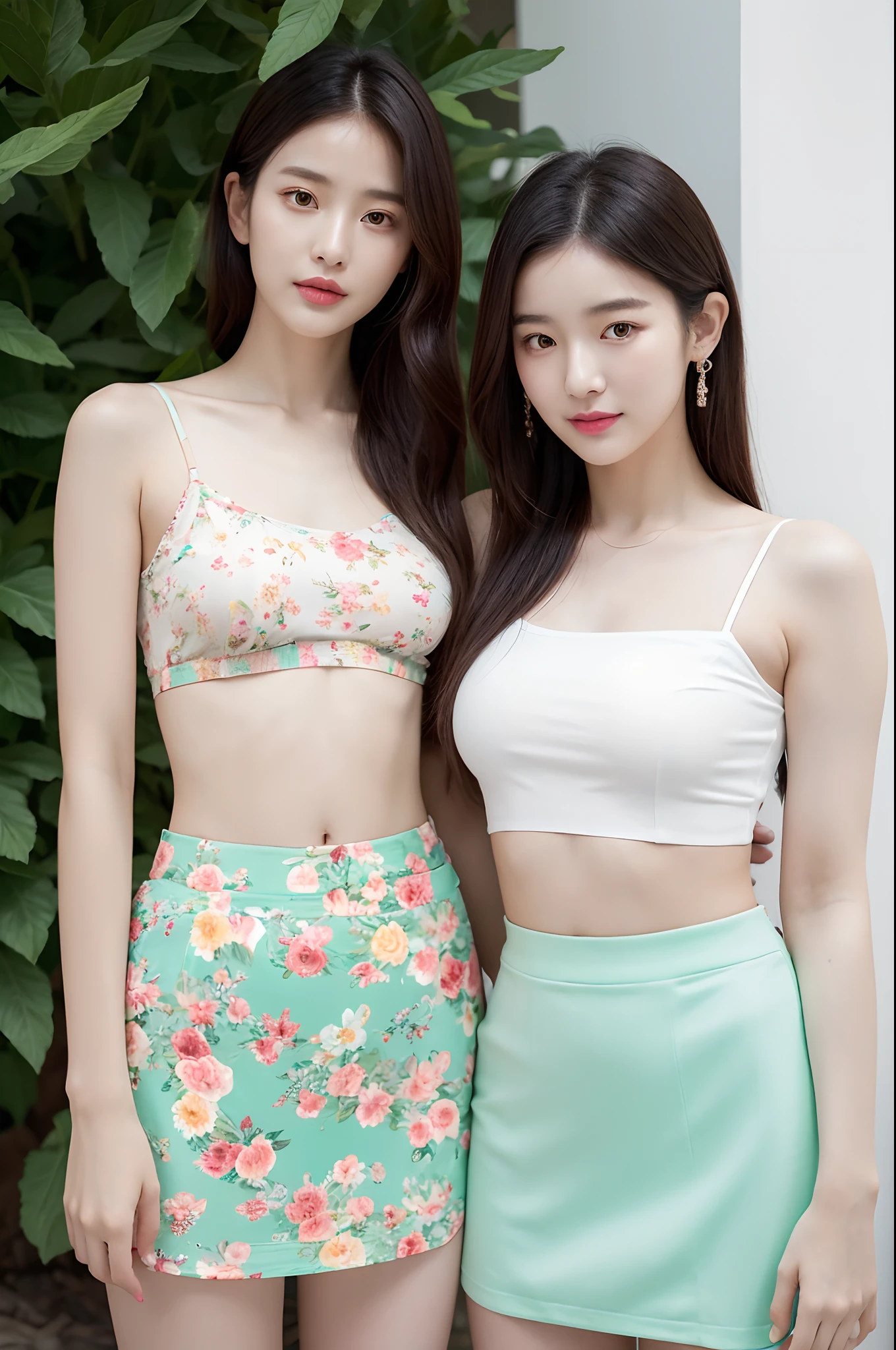 a woman in a floral crop top and mint skirt posing for a picture, croptop, crop top, bralette, wearing white camisole, bae suzy, wearing a camisole, physical : tinyest midriff ever, gorgeous young korean woman, heonhwa choe, cutecore, lulu chen, reluvy5213
