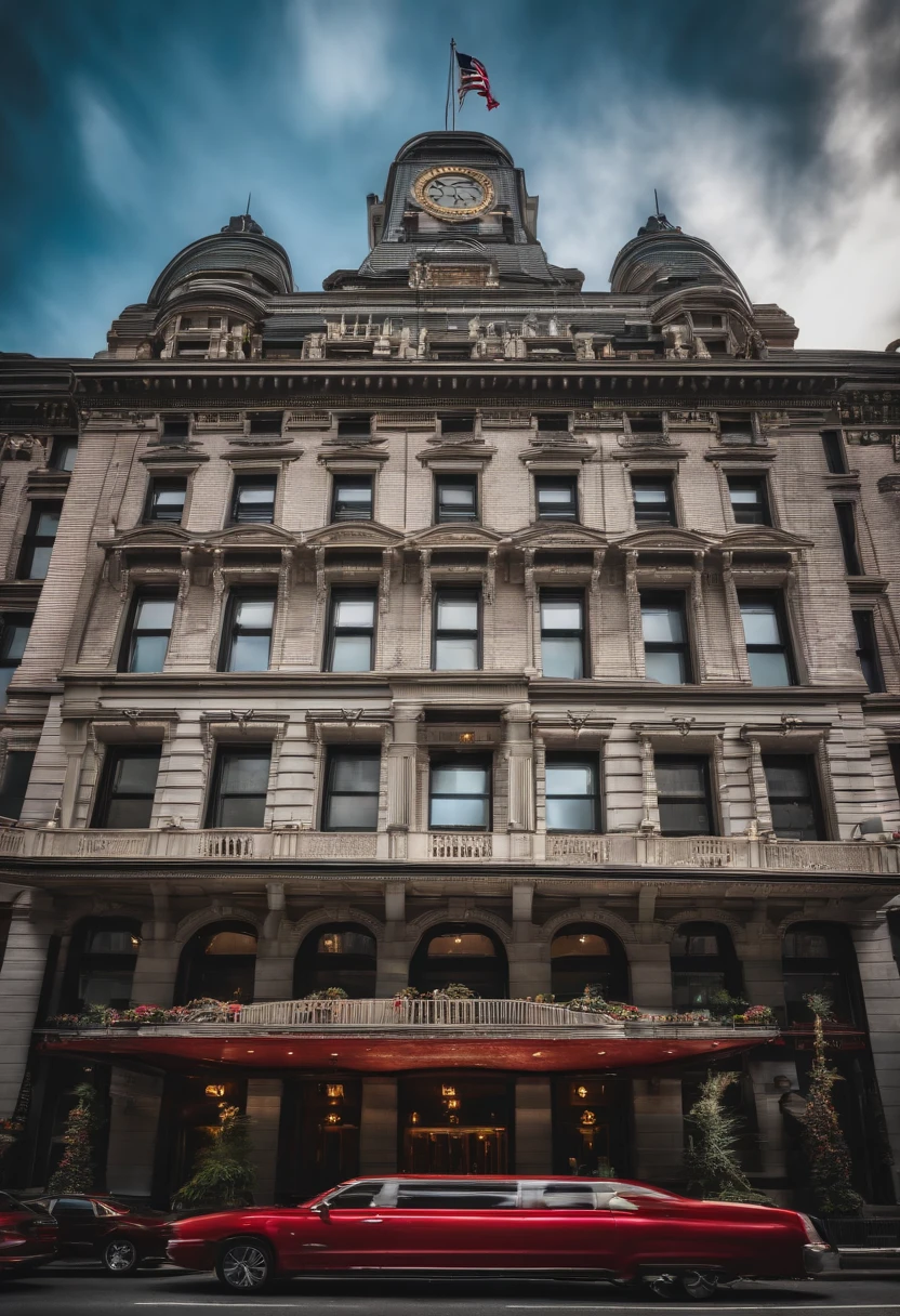 The New York Grand Hotel as seen from the ground facing the street, Photo Instagram muse, ultra-realistic realism, detailed meticulous,