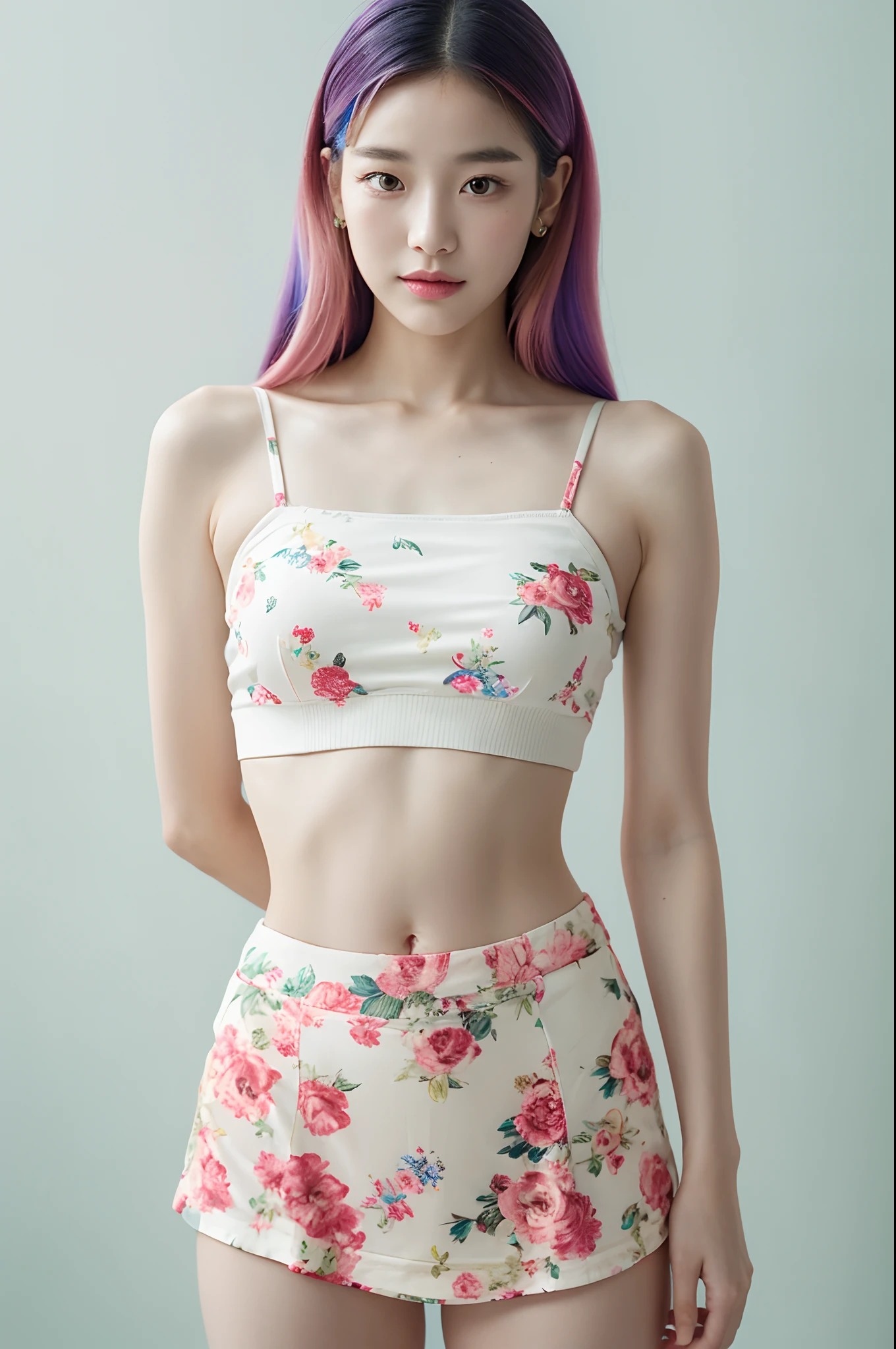a woman in a floral crop top and mint skirt posing for a picture, croptop, crop top, bralette, wearing white camisole, bae suzy, wearing a camisole, physical : tinyest midriff ever, gorgeous young korean woman, heonhwa choe, cutecore, lulu chen, reluvy5213, rainbow hair