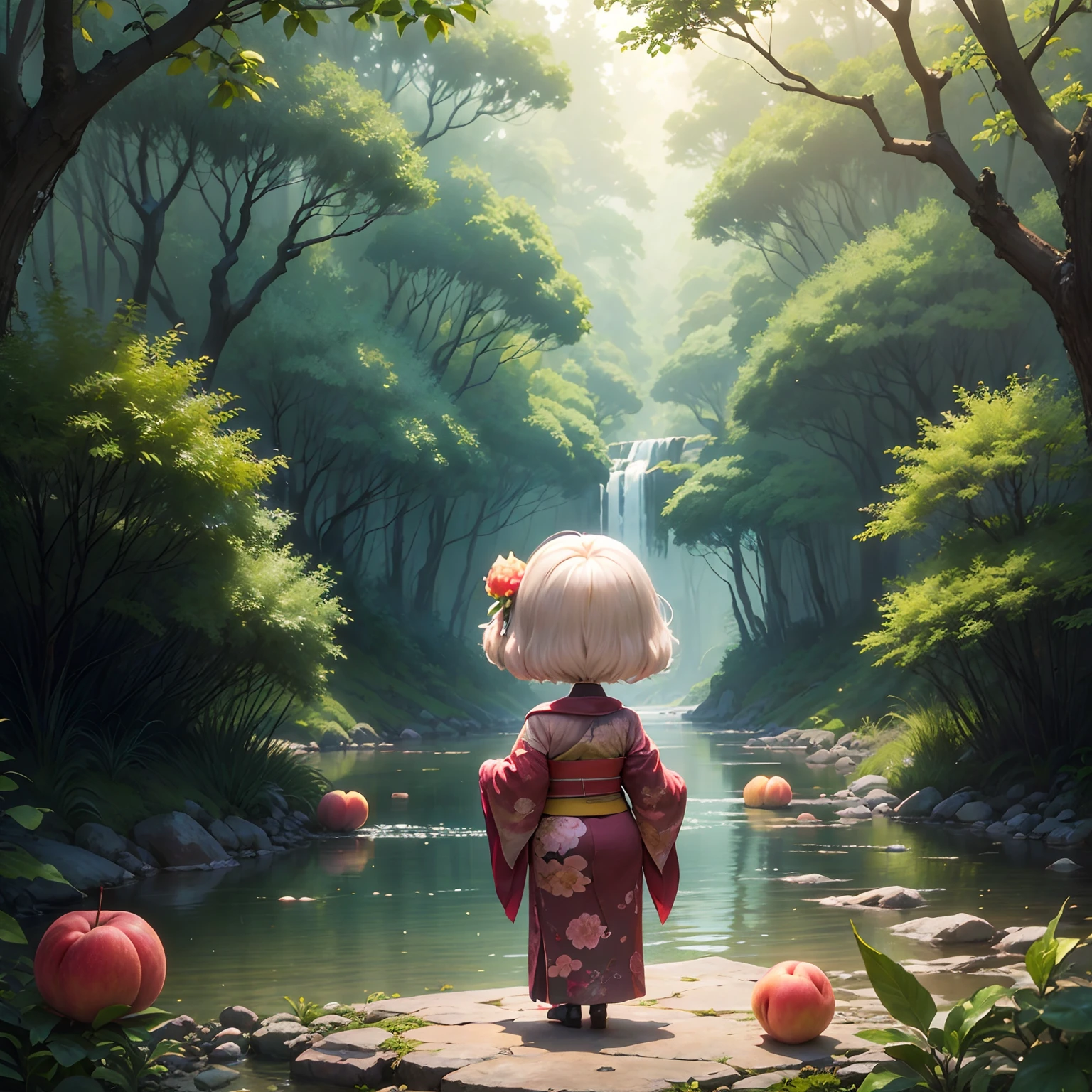 ​masterpiece、top-quality、ultra-detailliert、(Chibi Old Woman:1.2)、80-year-old female solo、dark kimono、Laundry basket、(Fairytale forest river:1.2)、(Big Peach:1.3)