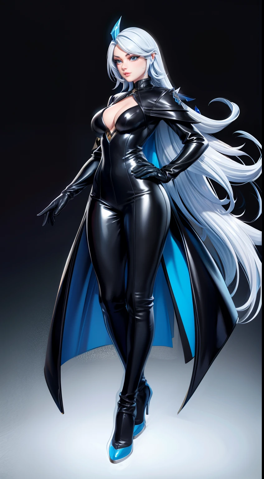 solo, super fine photo, full body picture Unreal Engine 5 8K UHD of a girl, wearing black and blue tight shiny suit, long black glove, long white hair, fantasy character, best quality, masterpiece, unified 8k wallpaper, super detailed, sharp focus, female pose
