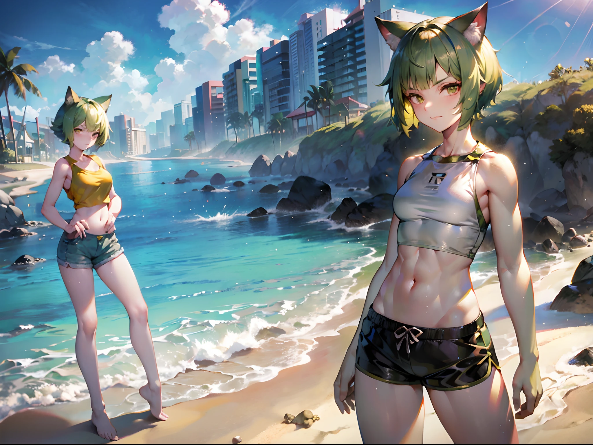 Movie angle、depth of fields、(Look at viewers)、(Right foreground:1)、(Standing photo:1)、)、 Cat Ears Girl, (独奏),(Yellow head hair),(de pele branca:1), (Curvaceous:1.2), (wide  hips:1.1), Cat-eared girl, (Beautiful coastal background)、(Coast background:1.4)、(Coast background:1.4)、(bare shoulders​、Yellow Micro Bikini)、(Yellow T-back panties:1.2)、sharp claws、Detailed corners、Green Choker、 (poneyTail、hairs between eyes)、(Yellow hair)、Blue eyes)、(flat breast:1.2)、 deadpan、Stunned、sleepy、 wakame、wakame、wakame、wakame、wakame、wakame、wakame、