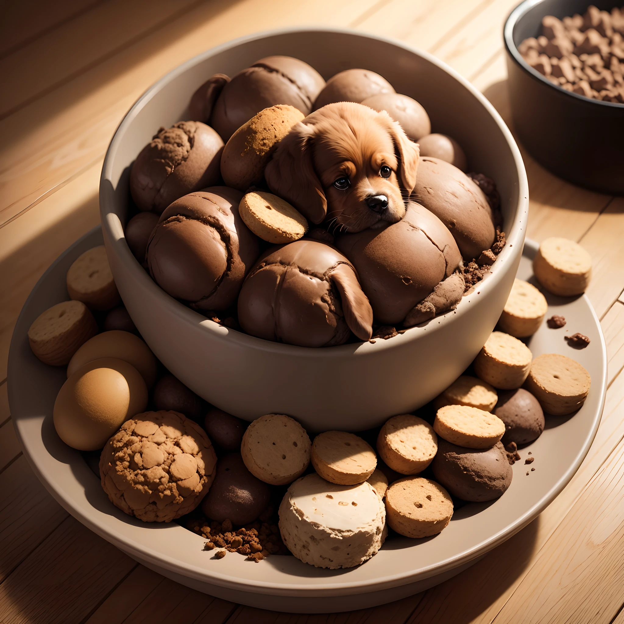 A pile of poop in a dog bowl labeled puppy