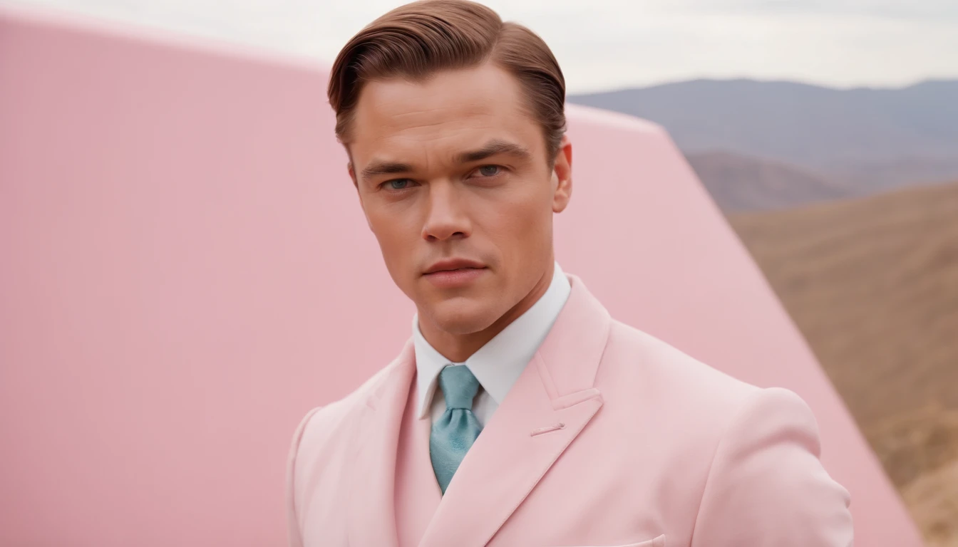 8k portrait of Leonardo Di Caprio wearing extravagant retro fashion outfit in a 1960s science fiction film by Wes Anderson, Vogue anos 1960, pink pastel colors, amarelo, azul, verde, Luz Natural, Psicodelia, futurista estranho, fotorrealista, hiper detalhado, foco nítido, Intrinsic, Fuji filmes 55mm,