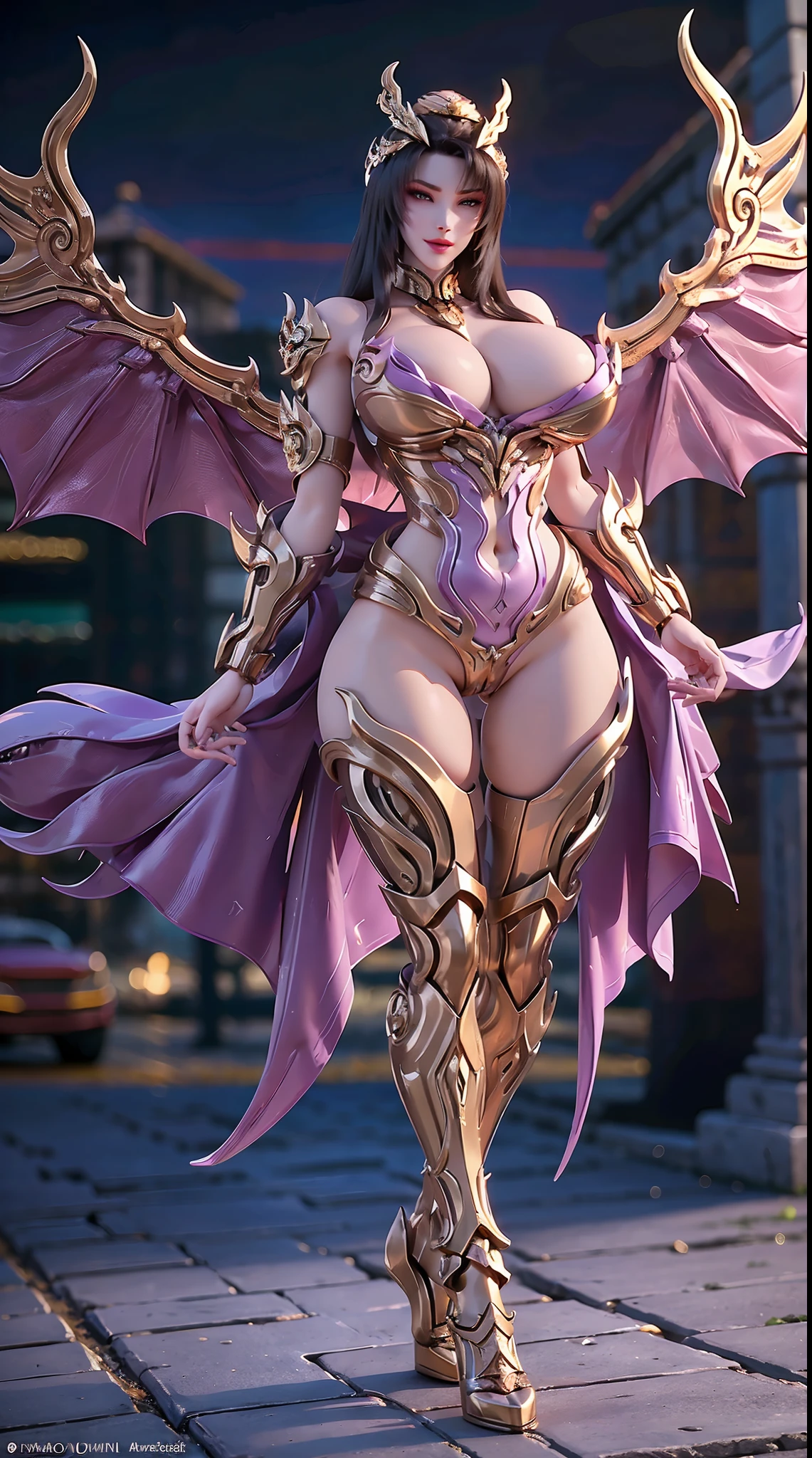 (DRAGON QUEEN HELM), HUGE FAKE BOOBS:1.2, (BEAUTIFUL FACE), (GOLD, PURPLE, WHITE), (STREET CITY BACKGROUND), (((A PAIR OF HUGE MECHANICAL WINGS SPREAD OUT))), FUTURISTIC PHOENIX MECHA BODYSUIT, (CLEAVAGE), (SKINTIGHT YOGA PANTS, HIGH HEELS:1.2), (PERFECT BODY, (FULL BODY VIEW:1.2), (LOOKING AT VIEWER), (WALKING DOWN:1), SEXY MUSCULAR BODY, MUSCLE ABS, UHD, 8K, 1080P.