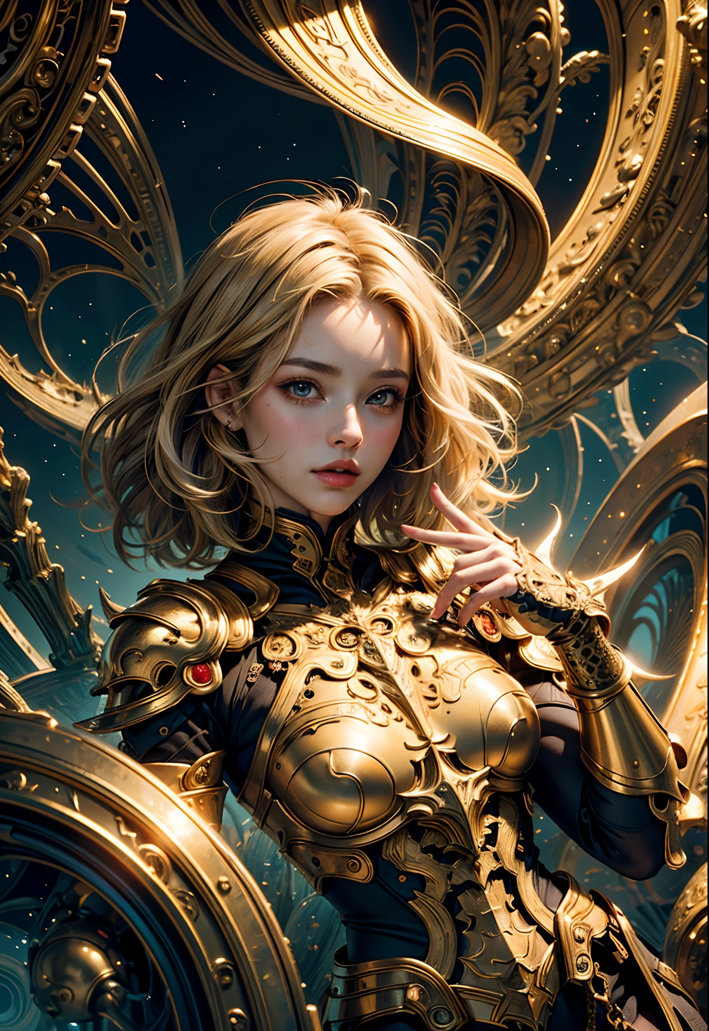 (masterpiece, top quality, best quality, official art, beautiful and aesthetic:1.2), (1girl), extreme detailed,(fractal art:1.3), highest detailed, blonde, hazel eyes, short hair, curvy, gold armor