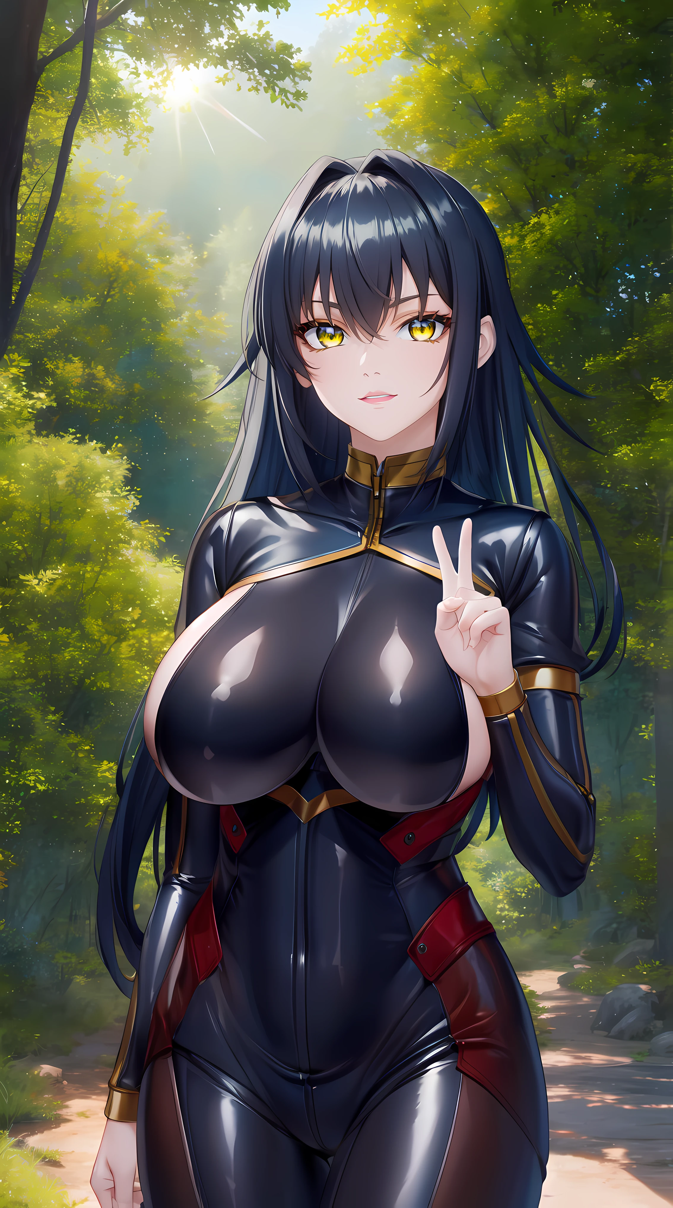 walking in forest at day background, trees, forest,
cowboy shot, Annerose,
tight bodysuit latex,
black_hair,yellow_eyes, long_hair, hair intakes,
1 girl, 35yo,mature female,Beautiful Finger,Beautiful long legs,Beautiful body,Beautiful Nose,Beautiful character design, perfect eyes, perfect face,
looking at viewer, (big_yellow_eyes:1.0),(happy face:1.3), peace, sign,
NSFW,official art,extremely detailed CG 8k wallpaper, perfect lighting,Colorful, Bright_Front_face_Lighting,
(masterpiece:1.0),(best_quality:1.0), ultra high res,4K,ultra-detailed,
photography, 8K, HDR, highres, absurdres:1.2, Kodak portra 400, film grain, blurry background, bokeh:1.2, lens flare, (vibrant_color:1.2)
(Beautiful,large_Breasts:1.4), (beautiful_face:1.5),(narrow_waist),