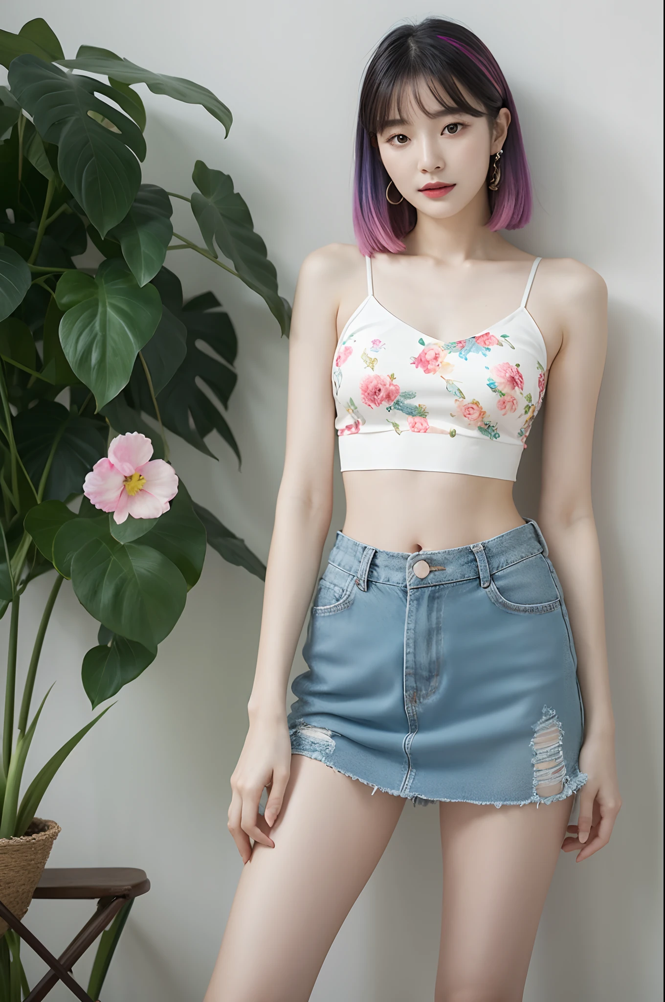 a woman in a floral crop top and mint skirt posing for a picture, croptop, crop top, bralette, wearing white camisole, bae suzy, wearing a camisole, physical : tinyest midriff ever, gorgeous young korean woman, heonhwa choe, cutecore, lulu chen, reluvy5213, rainbow hair
