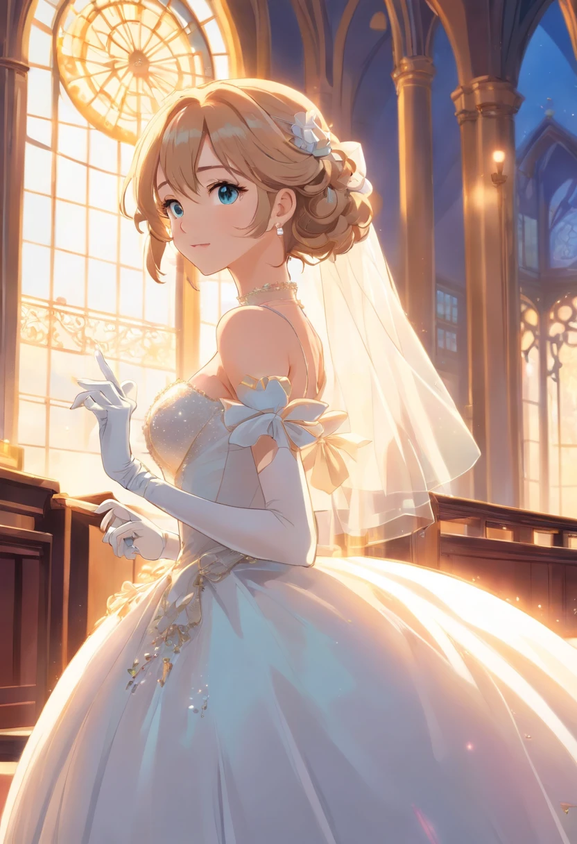 Best quality, Masterpiece, a stunningly beautiful Greer Grammer as a royal bride wearing a stately and enormous wedding dress of white satin and tulle adorned with huge ribbon bows, lace, frills, flounces, embroidery and jewels, with enormous puffed sleeves, an hourglass waist and a voluminous crinoline hoopskirt, bustle, and train, long white gloves, pearl necklace and earrings, elaborately curled and styled hair