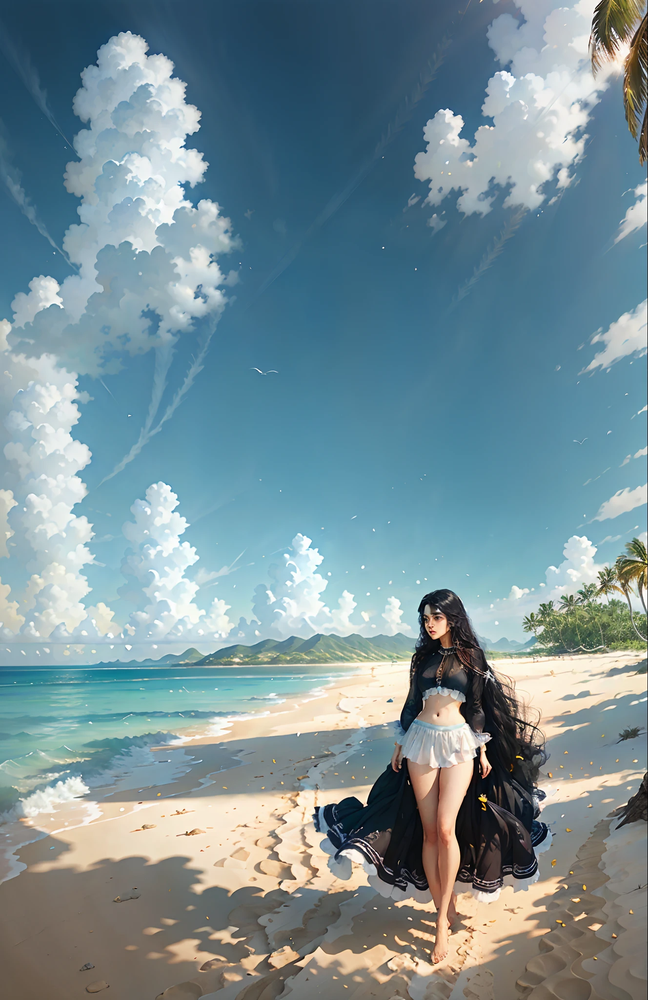 photorealistic painting of a breathtaking seascape, with crystal-clear water, white sand beaches, and lush green vegetation. The sun is setting in the distance, casting a warm glow over the entire scene. The sky is a brilliant blue, with wispy clouds scattered throughout.A beautiful young woman with long  black hair , showing her amazing  body walking on ocean waters wearing short white transparent  skirt .