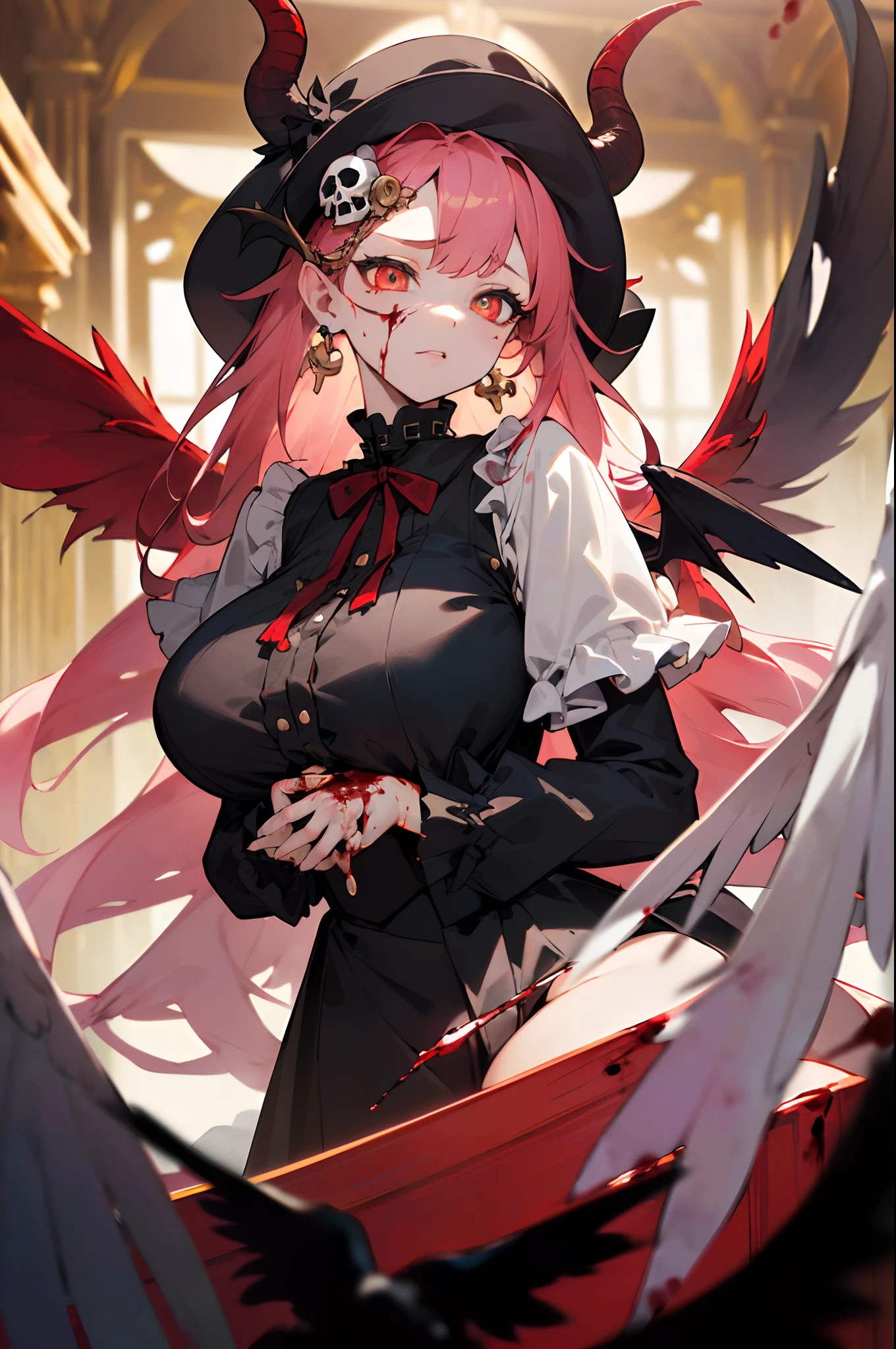realistic, 1girl, (vampire girl:1.4), white hair, (red eyes), glowing eyes, slit pupils, (blood, blood splatter), crop top, cleavage, short shorts, collarbone, parted lips, fangs, makeup, blush, night, reflection, full moon, moonlight, rose, castle, shadow, darkness, bat \(animal\),
