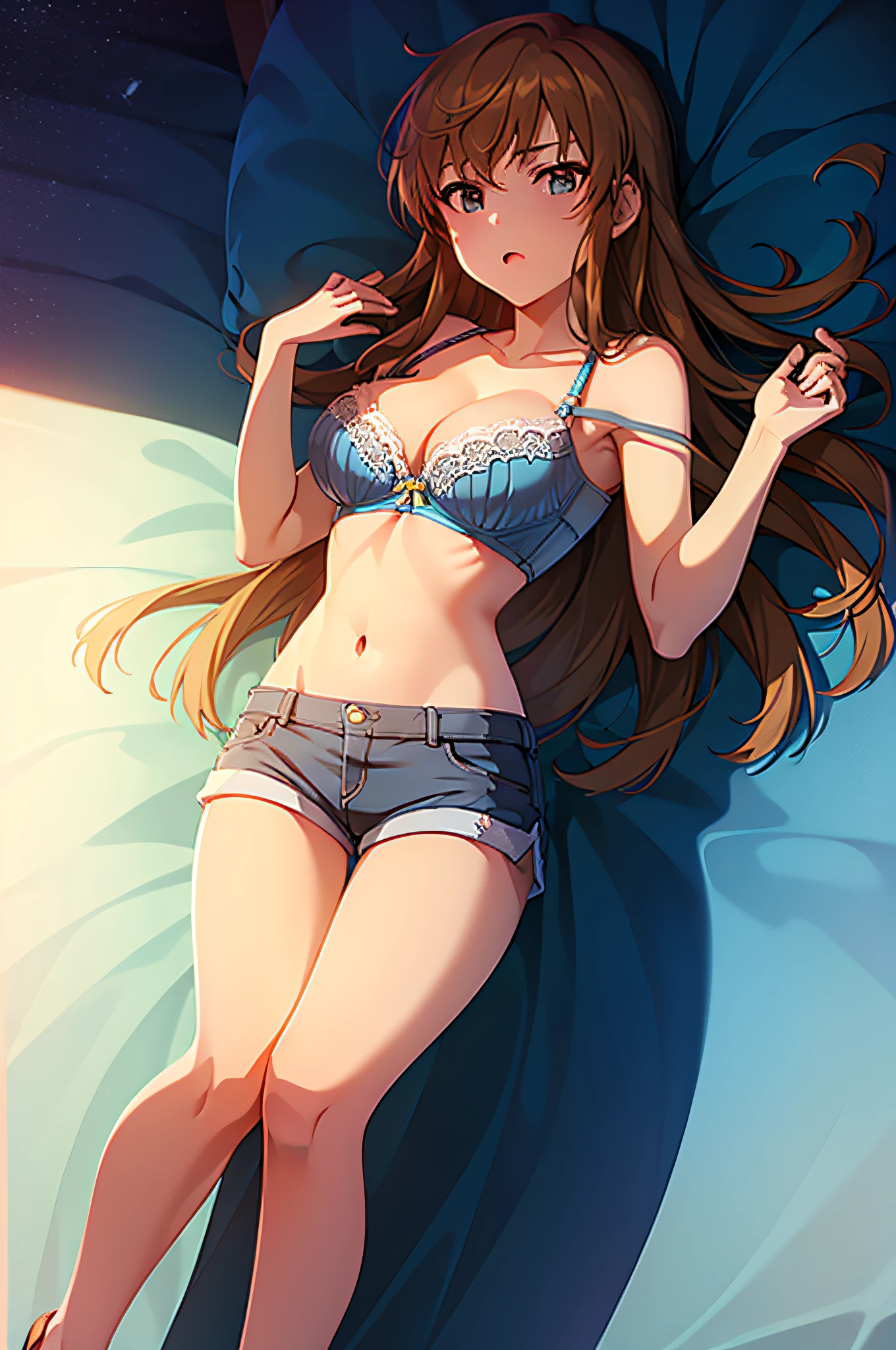 (Top Quality, 8K, masterpiece: 1.3)), Beauty, (1 girl:1.3), (solo:1.3), ((full body)), Beautiful: 1.3, A slender : 1.1, Beautiful lighting, ((Blue shorts)), ((Bra)), ((cleavage)), Looking at Viewer, (lying on the bed)