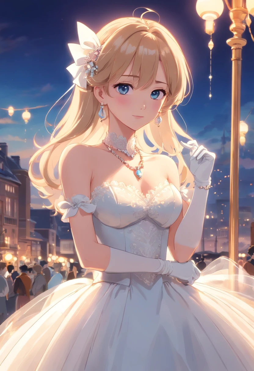 Best quality, Masterpiece, a stunningly beautiful Greer Grammer as a royal bride wearing a stately and enormous wedding dress of white satin and tulle adorned with huge ribbon bows, lace, frills, flounces, embroidery and jewels, with enormous puffed sleeves, an hourglass waist and a voluminous crinoline hoopskirt, bustle, and train, long white gloves, pearl necklace and earrings, elaborately curled and styled hair