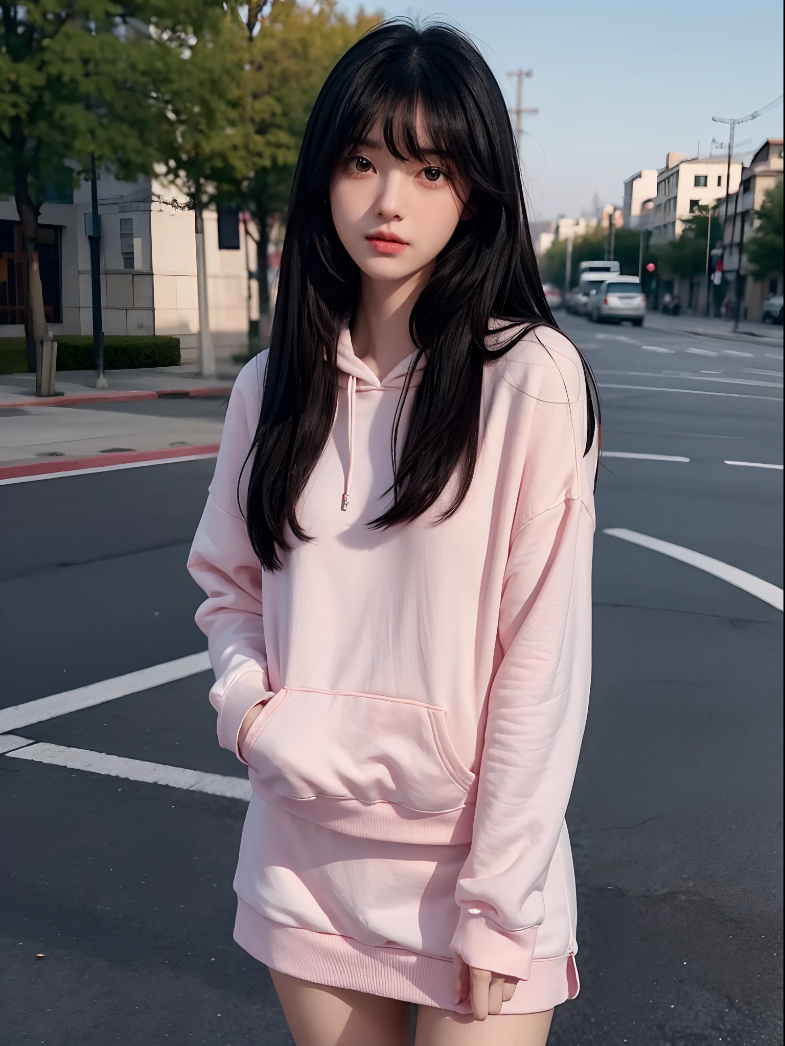 girl with1a person、cute face、delicated face、Thin eyebrows、Beautiful eyes、Very long black hair、Silky long straight hair、Beautiful bangs、Delicate figure、Pink front opening hoodie、White cut and sew、high-waisted、Black long skirt、espadrilles