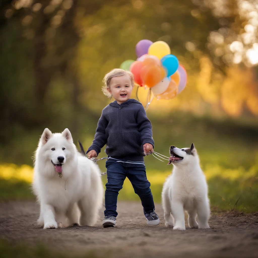 Make a playing with colorful balloons and various Samoyed breed dogs, Shetland shepherd and Siberian husky long coat