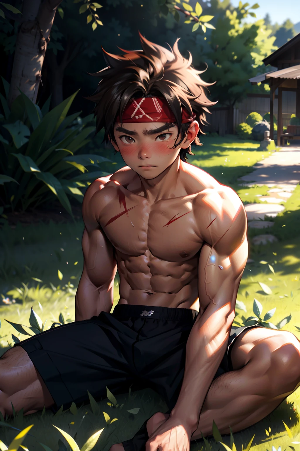 (Masterpiece, Best quality boy,Shota), 1boys, (((Young,Shota))),Muscular, Short hair, with brown eye, Intricate, Grass, full bodyesbian, Shirtless, Muscles sparkle in the sun,Naked boy,((toddlers)),ack underwear, Red headband, Vivid colors,(Depth of field:1.2),(Abs),Blush, view the viewer, lying on the grass ground,Being sexually assaulted