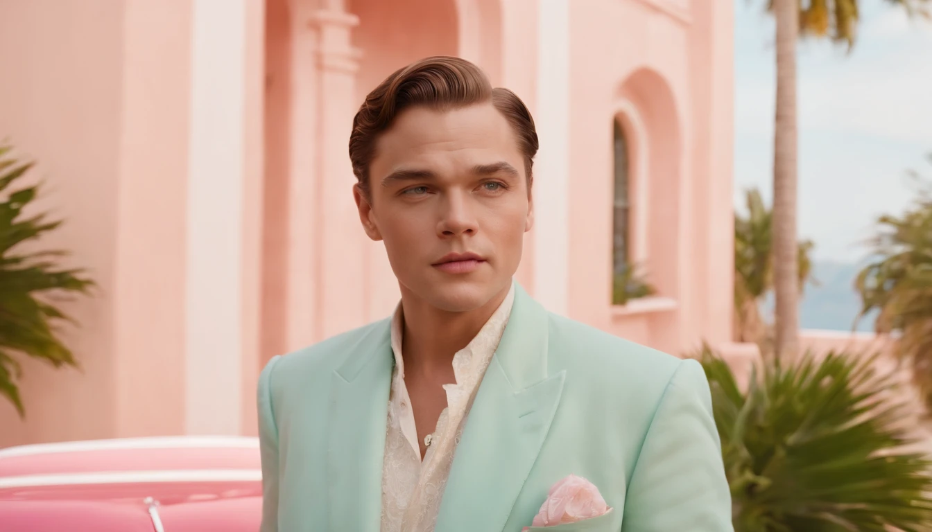 8k portrait of Leonardo Di Caprio wearing extravagant retro fashion outfit in a 1960s science fiction film by Wes Anderson, Vogue anos 1960, pink pastel colors, amarelo, azul, verde, Luz Natural, Psicodelia, futurista estranho, fotorrealista, hiper detalhado, foco nítido, Intrinsic, Fuji filmes 55mm high definition, palm trees, mansion, doll house style, corvette 1956 pink,