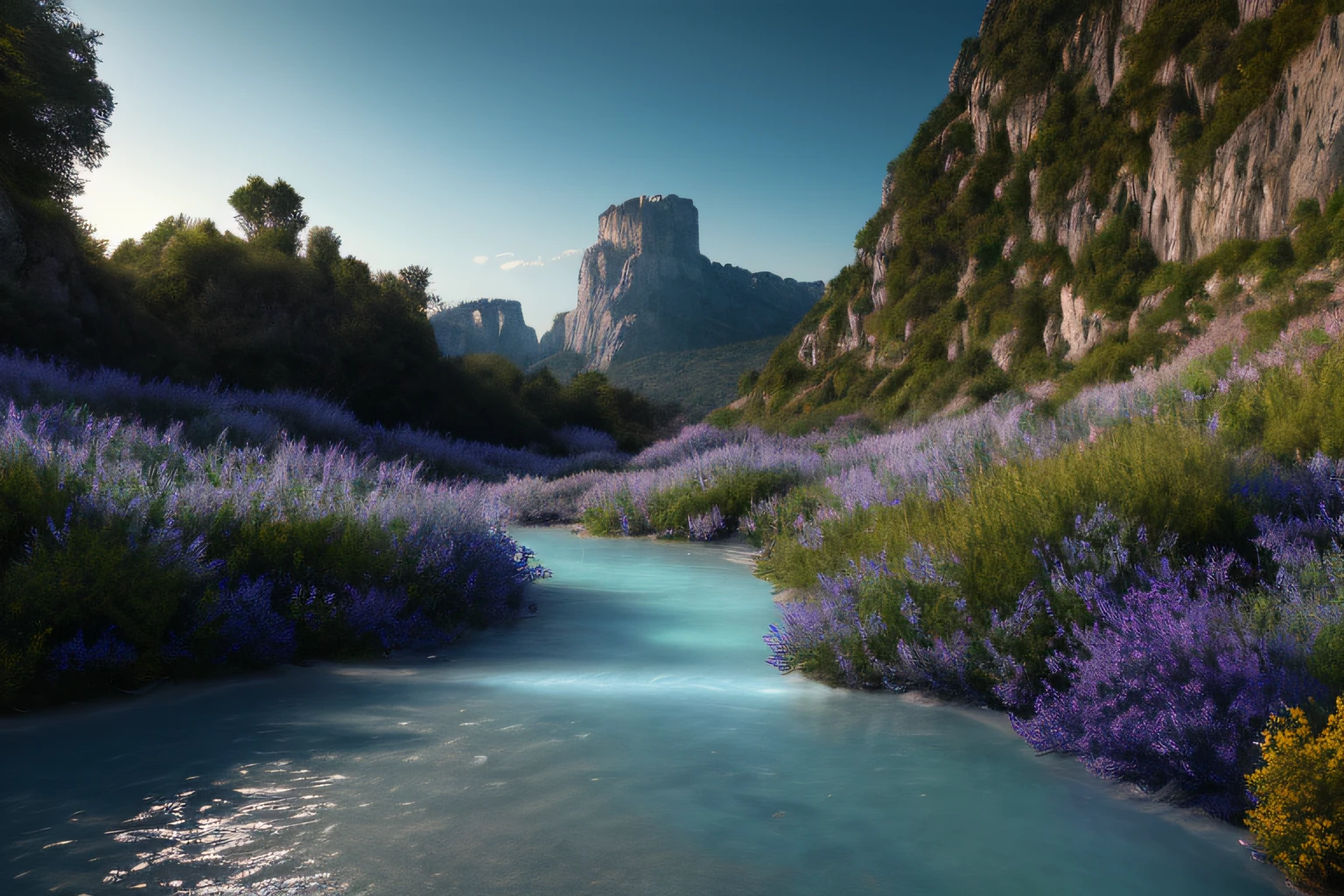 Landscape inside the earth, Agartha, mer cristalline bleu cobalt,glycine, Eau cristalline, ciel azur lumineux, ,(Highly detailed CG Unit 8k wallpaper), The most beautiful work of art in the world, Professional majestic oil painting, complexe, High detail, mise au point nette, dramatique, Art of photorealist painting,