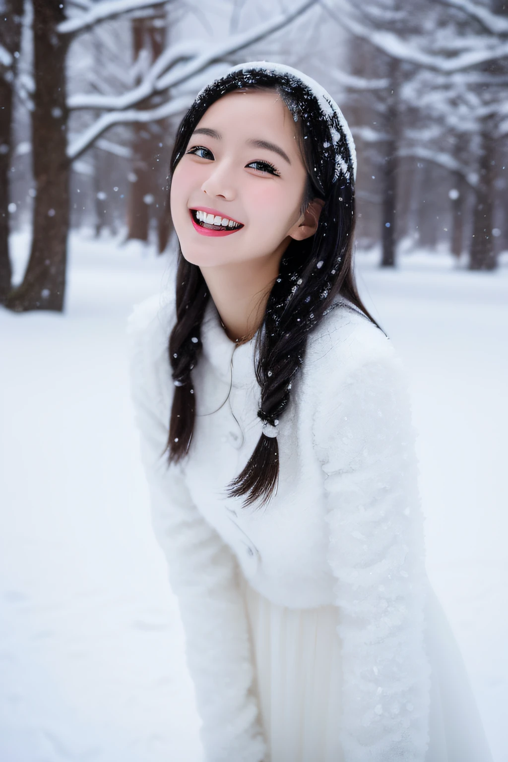 Japan women in their 20s playing in white dresses in snow,Silver World,a beauty girl,a smile,