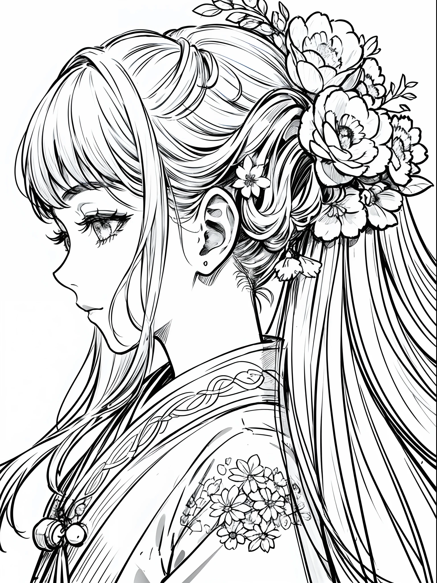 masterpiece, acura, doll, solo, hanfu, long hair, profile close-up, flower line drawing background, white background, monochrome, line drawing, ((sketch))
