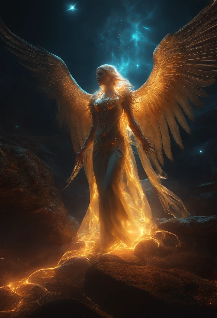 Cosmic Fallen Angel, glowing light eyes, Biomechanical, eerie, Creepy, nightmarish, Very bright colors, Light particles, with light glowing, Mshiff, wallpaper art, UHD wallpaper