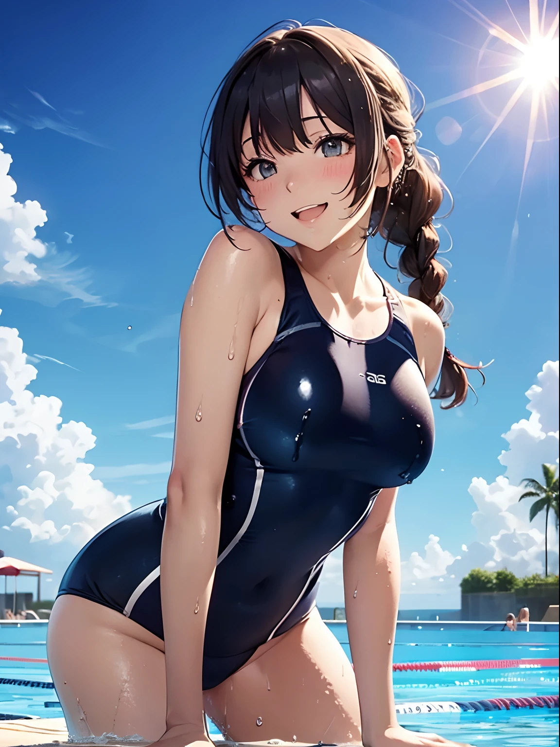 (masutepiece), (Best Quality), hyper detailed illustration,beautiful artwork,(Extreme Detail CG Unity 8K wallpaper、masterpiece、top-quality)、(exquisite lighting and shadow、highly dramatic picture、cinematic lens effects)、Young woman on the beach,swim wears, 1girl in, (School swim wear:1.3), Solo, onepiece swimsuit, Outdoors, Long hair, Wet, breasts, Covered navel, skyporn, Water, Black hair, Big smile, Brown eyes, day, blush, Small breasts, Bangs, Sunlight, Blue one-piece swimsuit,(Wet:1.1),(Water splash:1.1),Open mouth,(straggling hair:1.2), Dramatic Horizon,(sunlight shining),braid ponytail,The swimsuit is wet,(Strong sunshine),(Lens Flare),(Tsurime),Head tilt,Leaning forward, information,Correct hand,Correct fingers,From below,Sweat,Leaning on people,