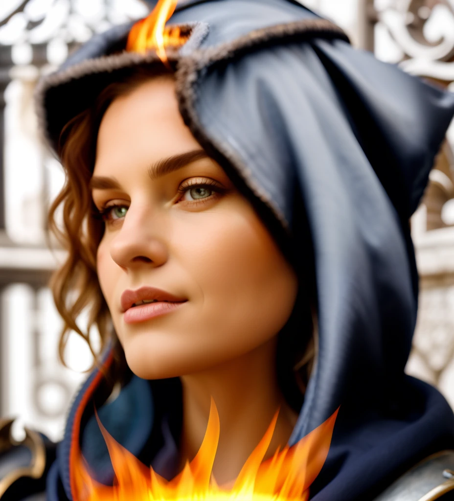 masterpiece, high quality, detailed photo, 8k, 4k, (1man), detailed head, detailed face, ultra-sharp focus, detailed eyes, detailed hair, (detailed head accessories), high resolution details, [detailed cloth|detailed armor|knight light armor:1], (head hoop crown), (golden blond hair), heroes of might and magic hero portrait,  a woman wearing a hoodedie with a fire on her head, baldur's gate character portrait, dwarven woman, portrait of a female mage, joan of arc, fire mage, female mage, hexen, human sorceress, sorceress woman, avatar image, baldur's gate, female wizard, baldurs gate