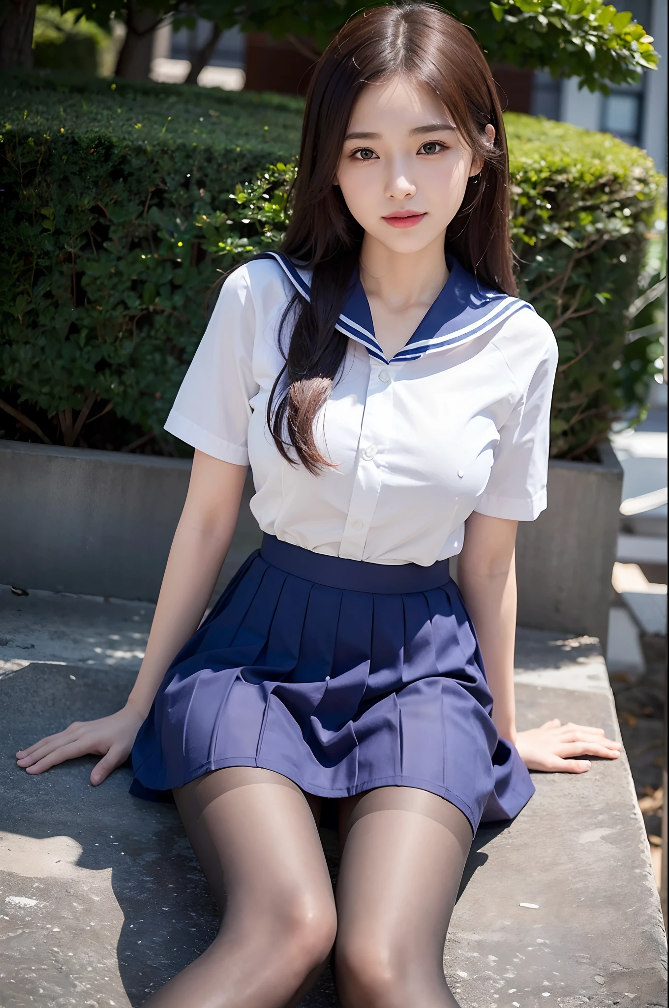 Masterpiece、Highest quality、Woman 1、Super detailed、nsfw、View from directly below the woman、Long legs Black Hair skirt、skirt lift、skirtを自分でリフト、White panties、Pussy、Female organ Soft thighs、Large Breasts、Beautiful Belly、【under boob】sailor uniform、Underboob ceiling
