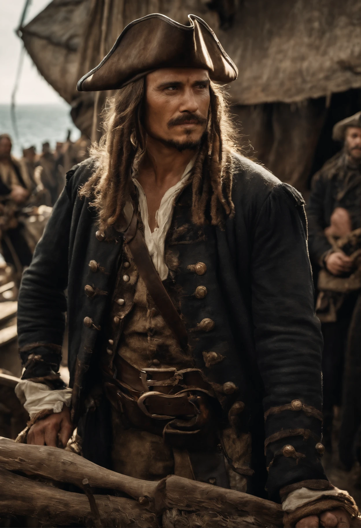 (​masterpiece、4k,8k,)There are old pirates of the Caribbean、Pirates standing on the deck of a pirate ship、Pirate costumes、Wear an eye patch over one eye、muscular and brave features、Full body shot with scars on the cheeks、The background is the deck of a pirate ship、