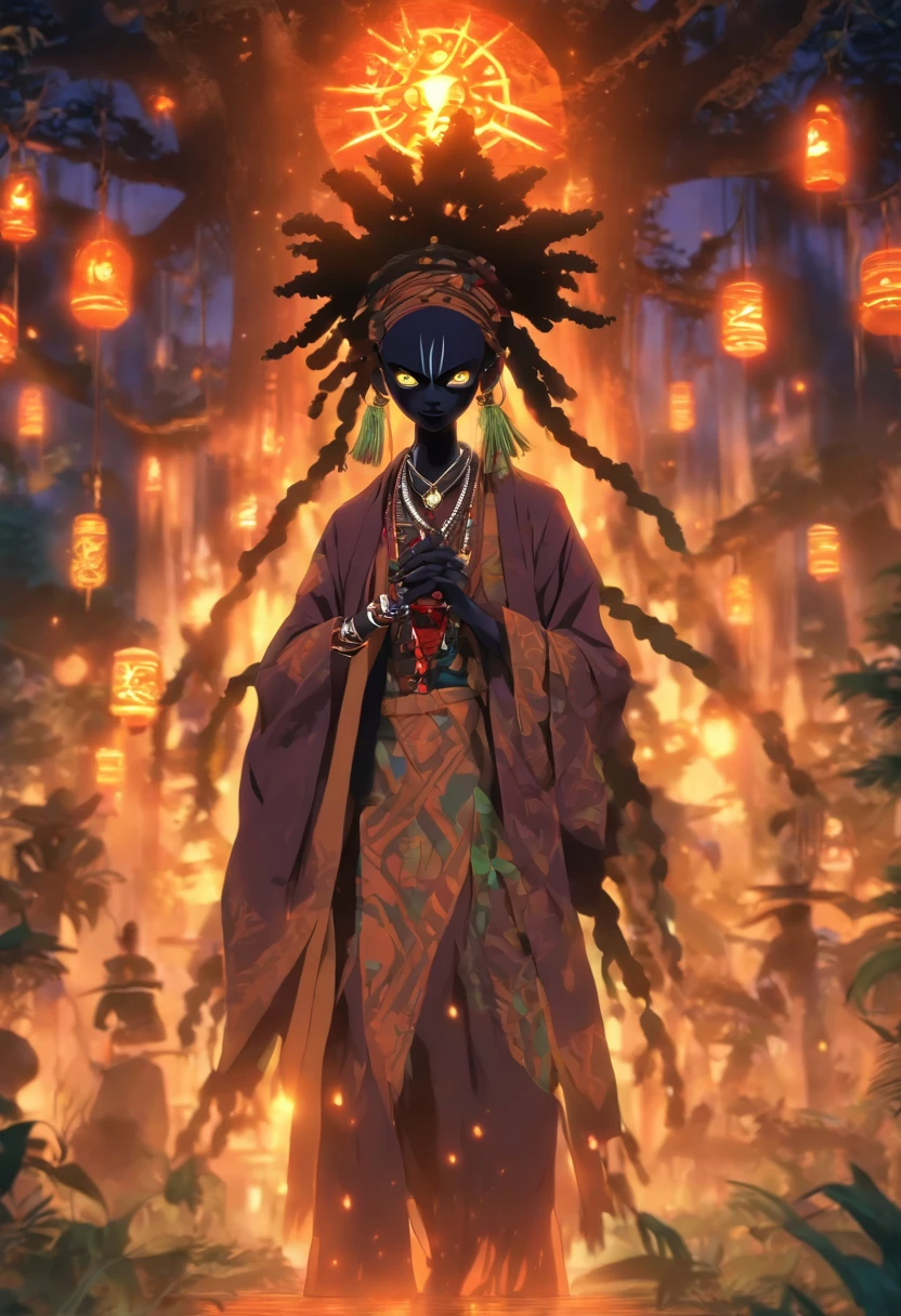 (((young girl))) best quality, ultra-high resolution, 4K detailed CG, master piece,papa legba,Girl,trees,voodoo ritual,African clothing, Voodoo mythology, ((in a trance)), African image, aesthetic , screen-centered, full body