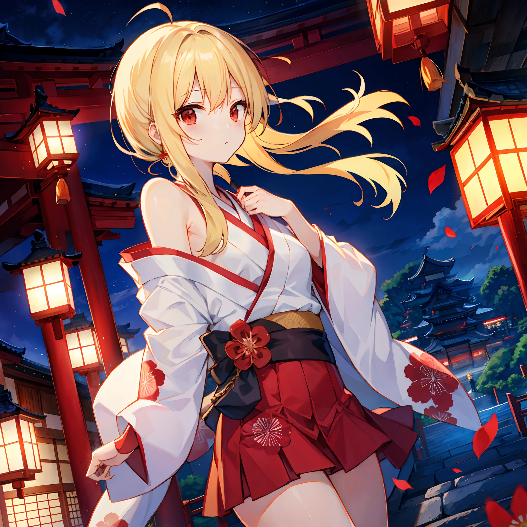 a blond、red eyes、One Beautiful Girl、Floral kimono、off shoulders、a miniskirt、Japanese castle