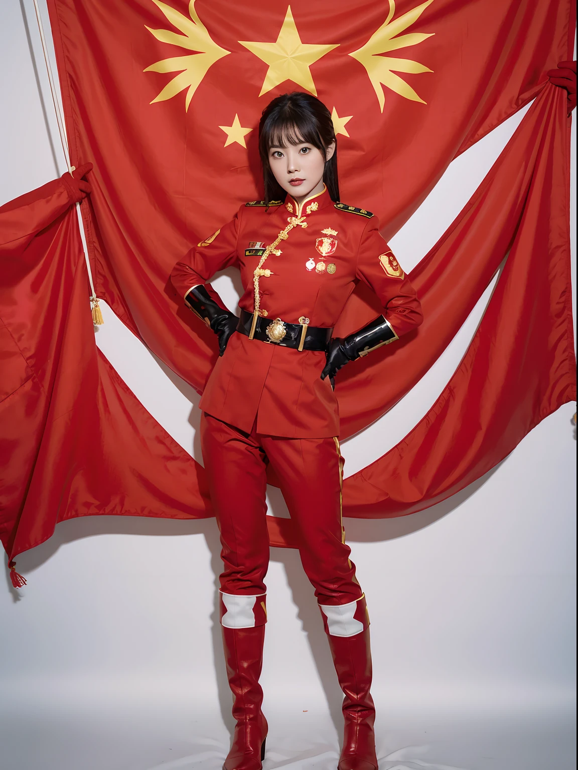 Superhero Five-Star Red Flag lady wearing Chinese five-star flag logo uniform，The five-star flag logo is printed on the chest+National flag，Wear long red gloves on both hands+Wearing a pair of red boots on both feet, the camera shows the whole body special effects superpower