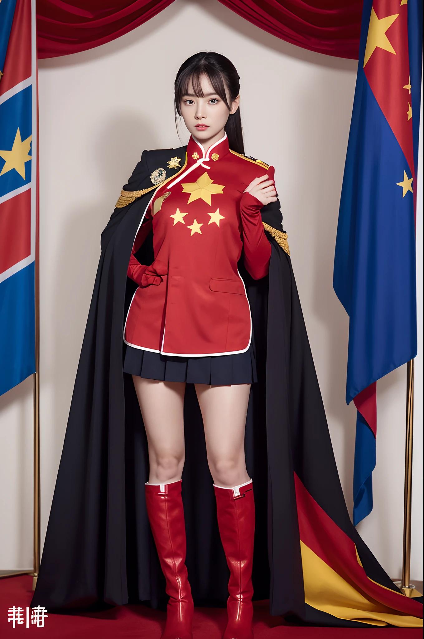 Wearing a uniform with the Chinese five-star flag，The five-star flag logo is printed on the chest，Drape over a cloak+National flag，Wear red gloves on both hands+Put a pair of red boots on your feet，The whole body exudes the superpowers of a five-star red flag girl Standing and displaying a full-body photo